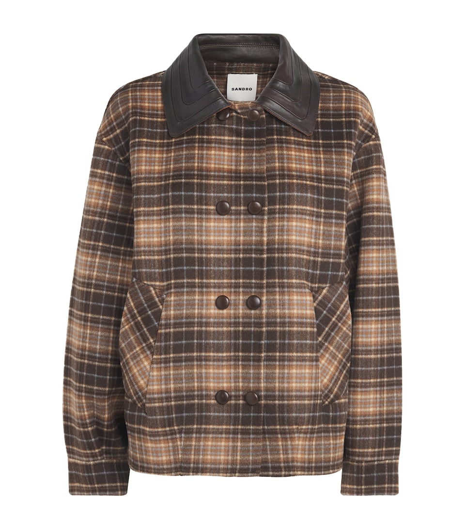 Sandro Paris Womens Wool-Blend Oversized Check Coat Brown