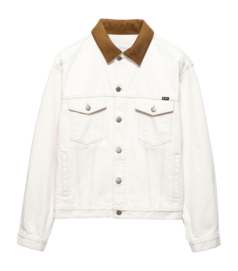 Prada Mens Leather-Collar Denim Jacket White