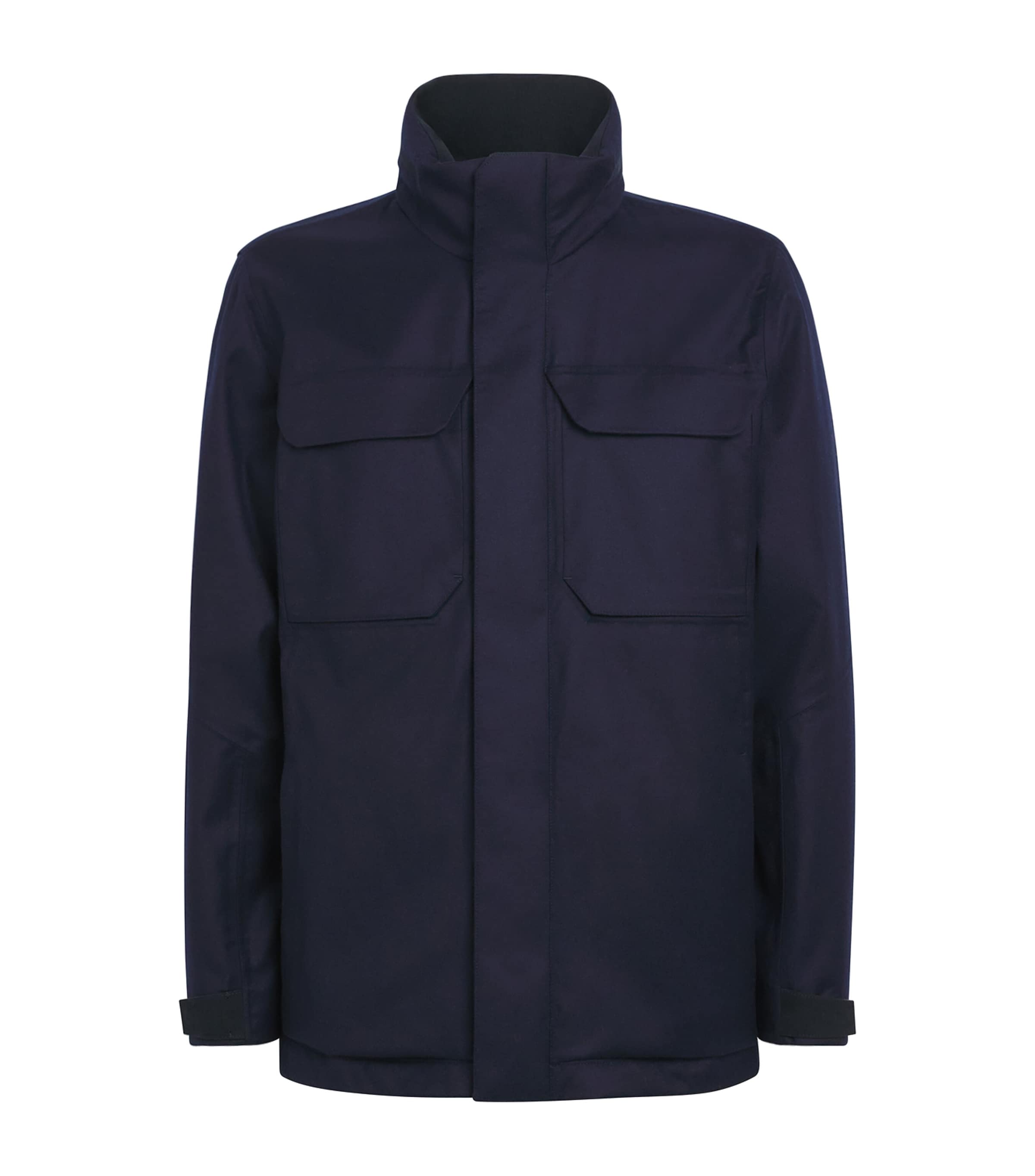 Sease Mens Laminated Virgin Wool-Cashmere Field Jacket Navy Blue