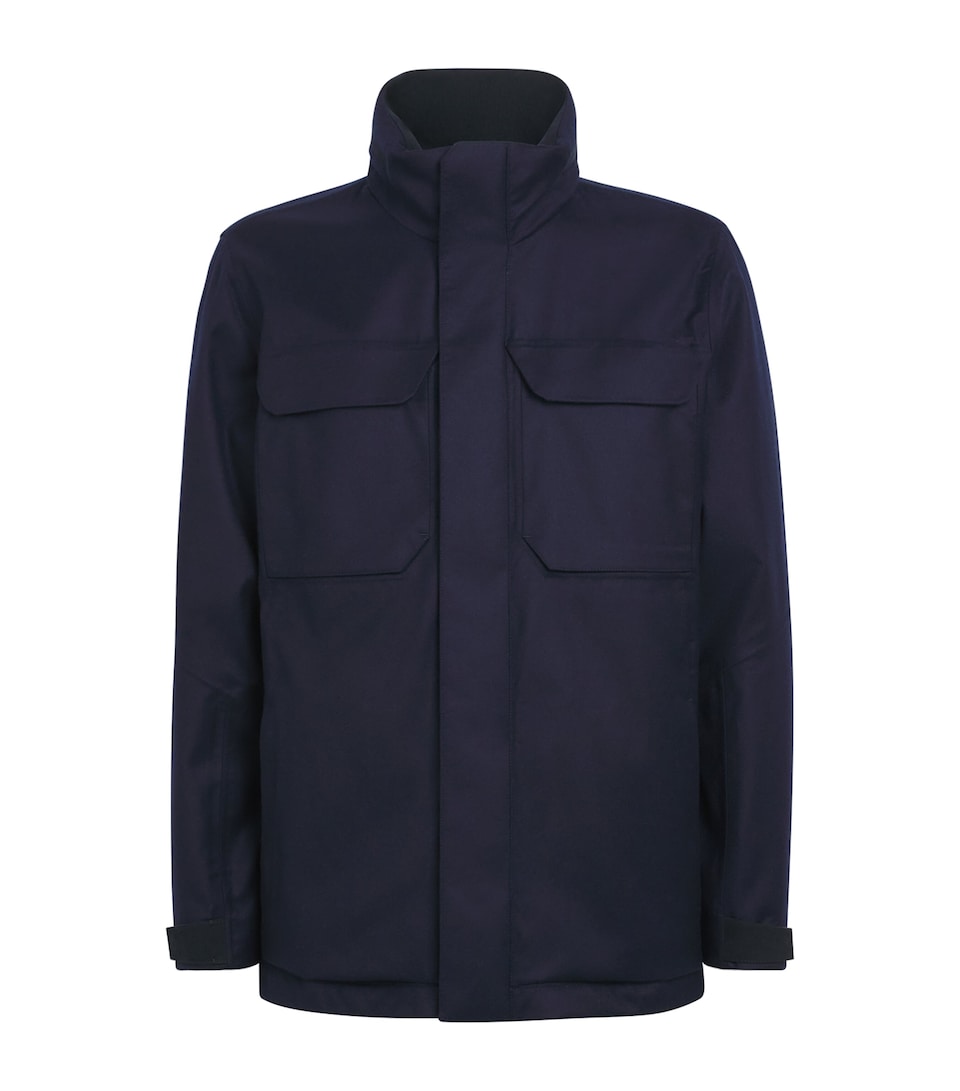 Sease Mens Laminated Virgin Wool-Cashmere Field Jacket Navy Blue