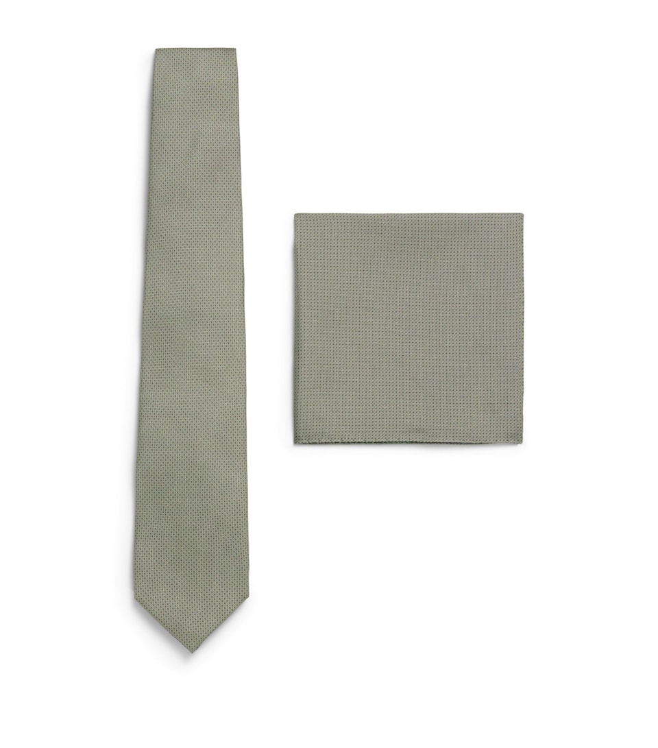 Corneliani Silk Necktie and Pocket Square Set Gry Melange Drk
