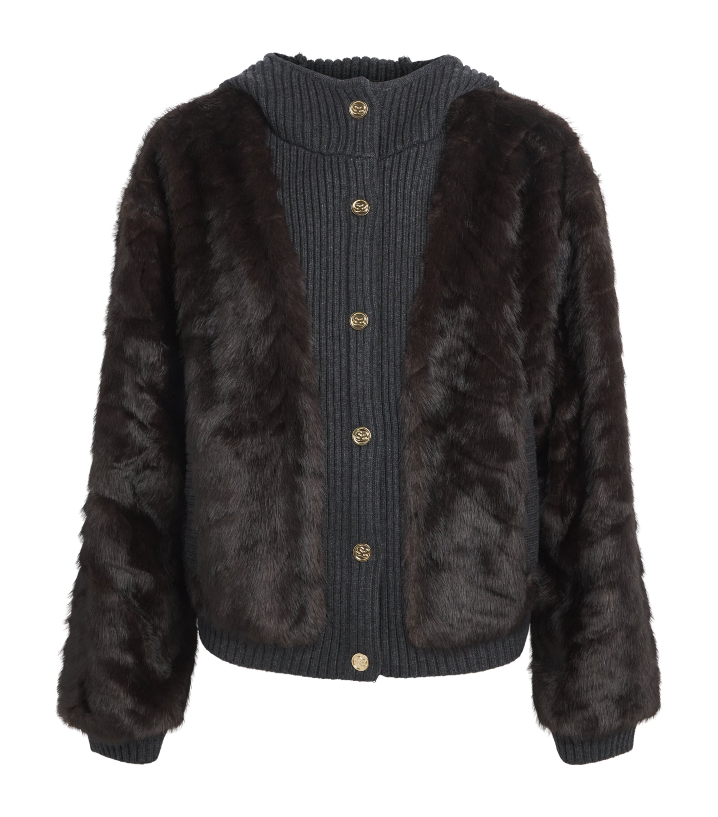 Sandro Paris Womens Faux-Fur Knitted Jacket Brown