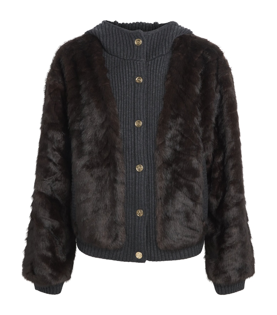 Sandro Paris Womens Faux-Fur Knitted Jacket Brown