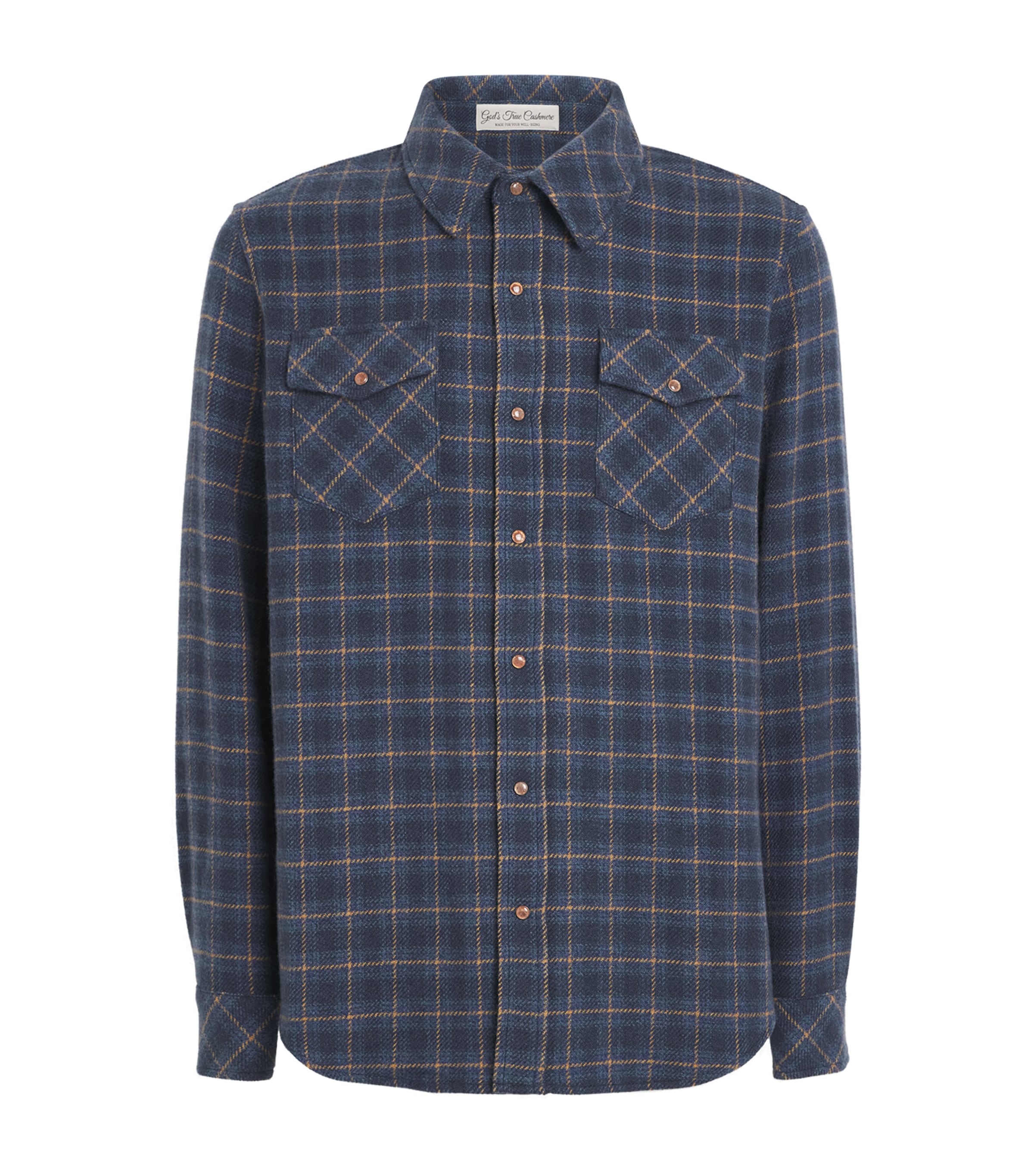 God's True Cashmere Mens Cashmere Check Rugged Explorer Shirt Eclipse/orng Sunstn
