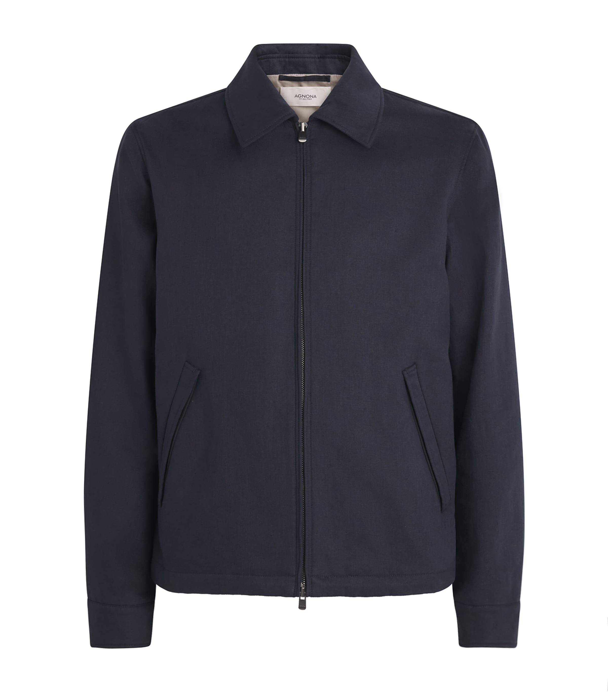 Agnona Mens Linen Bomber Jacket Dark Blue Navy