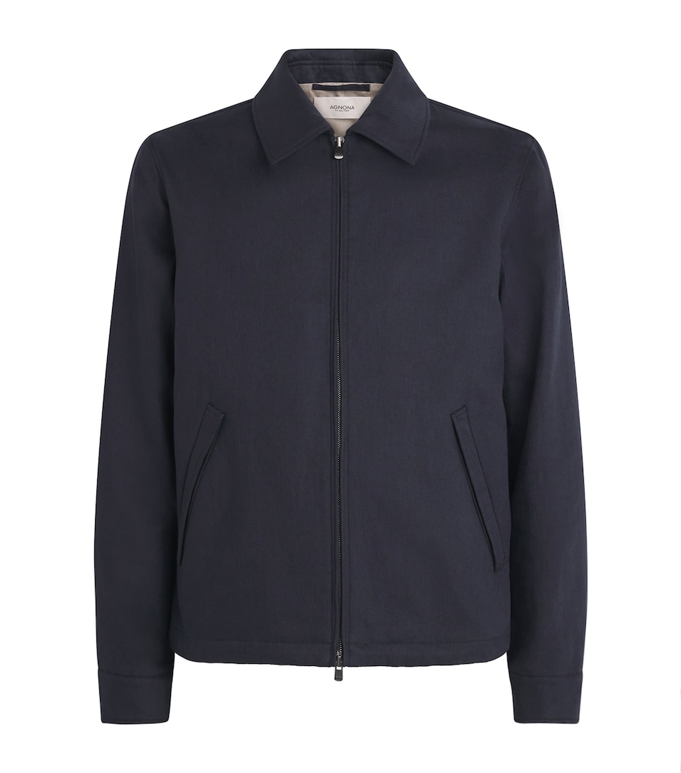 Agnona Mens Linen Bomber Jacket Dark Blue Navy