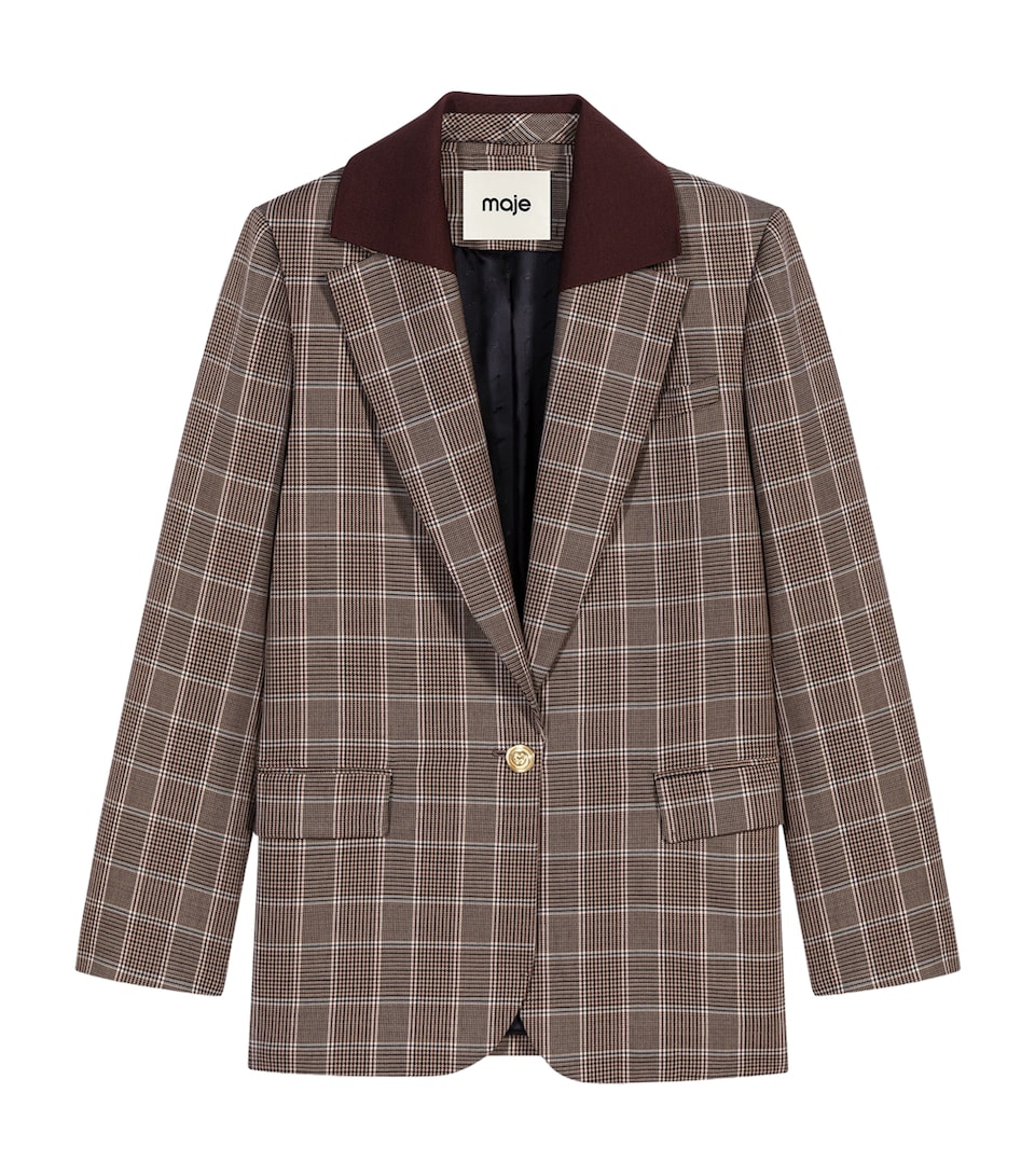Maje Womens Wool-Cotton Check Blazer Brown