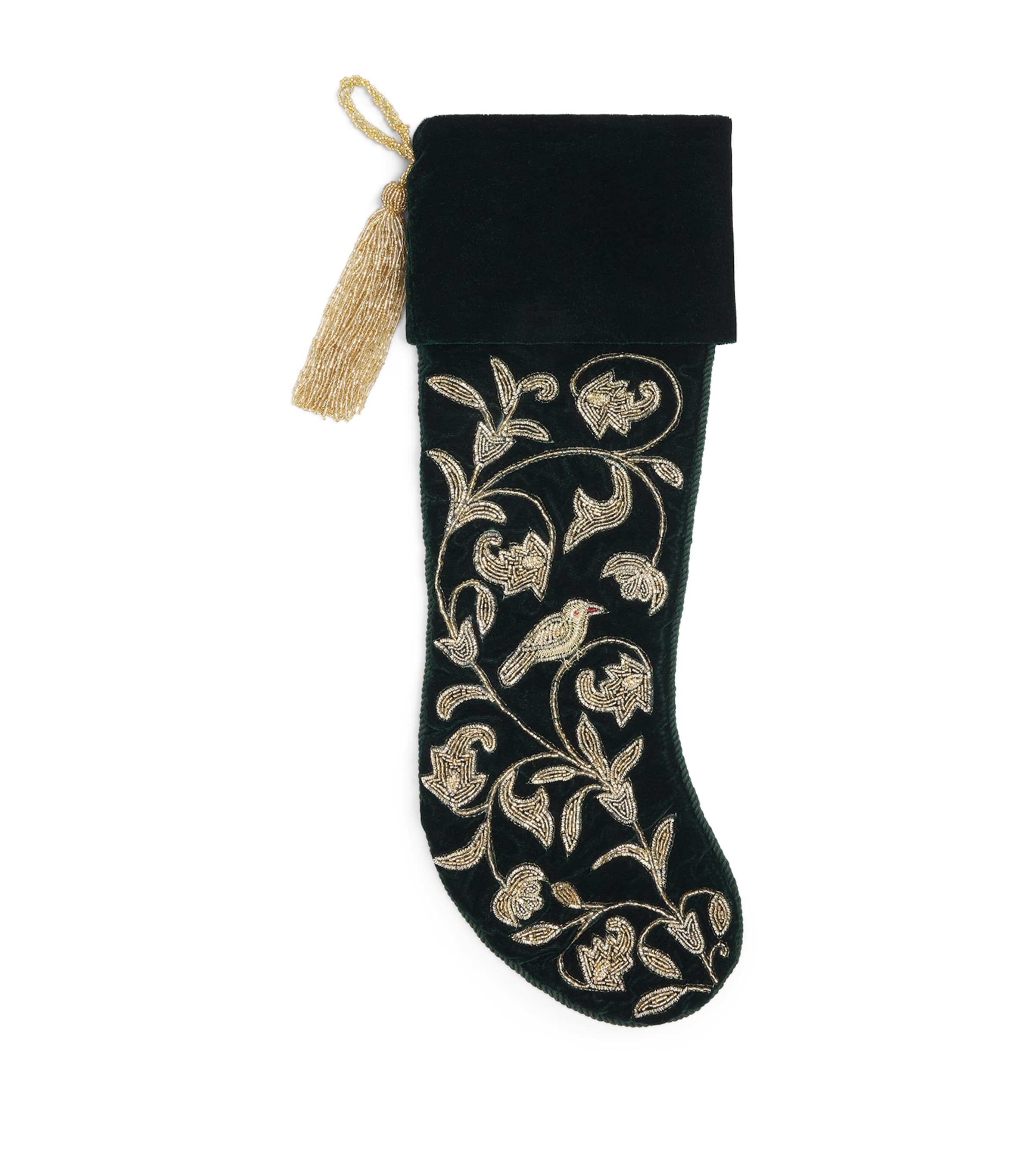 Harrods Velvet Embroidered Vine Stocking Green/gold