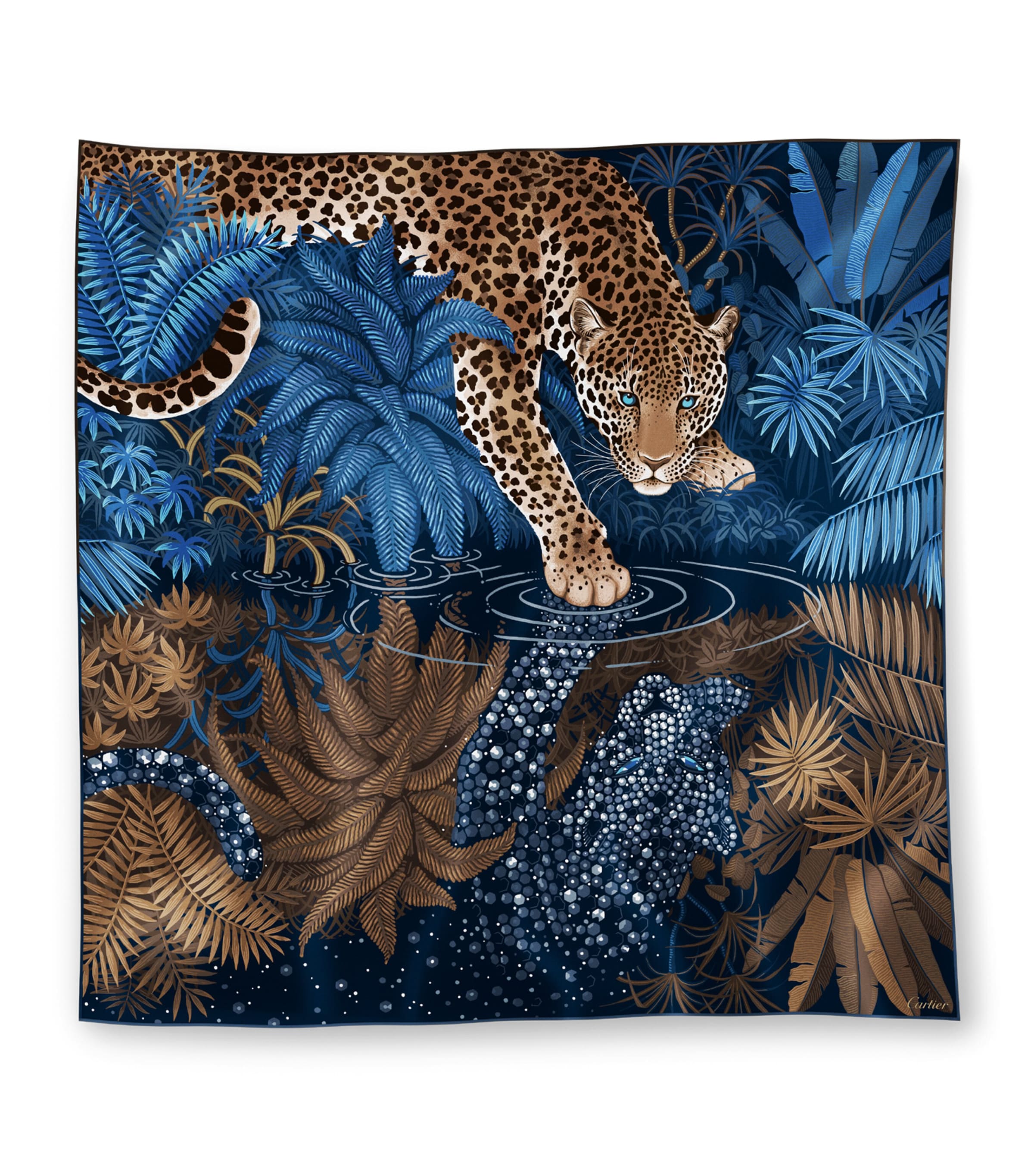 Cartier Silk Panthère Double-Sided Scarf Navy Blue
