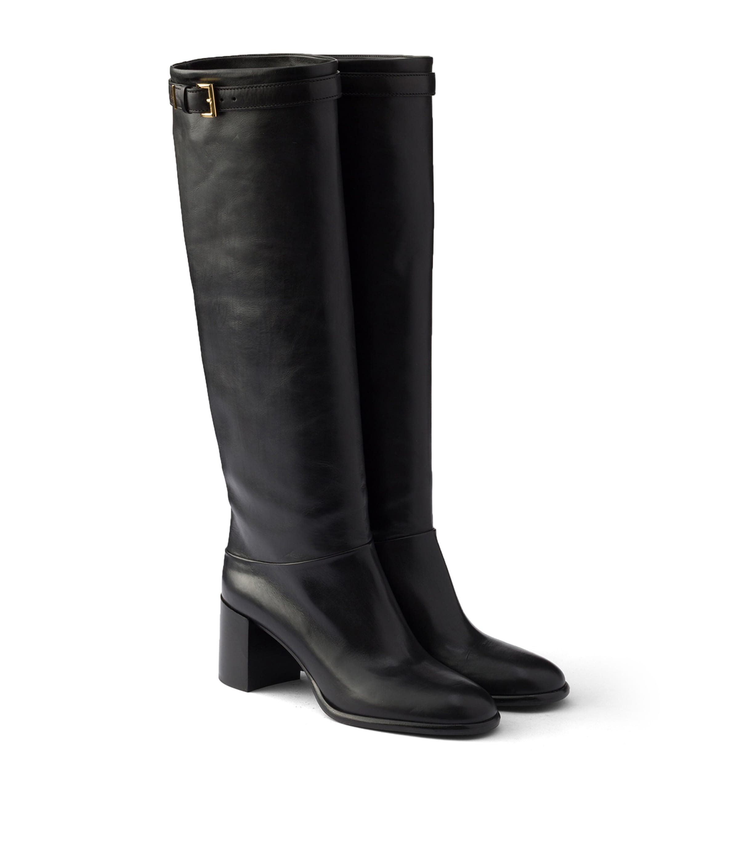 Prada Leather Heeled Knee-High Boots Black