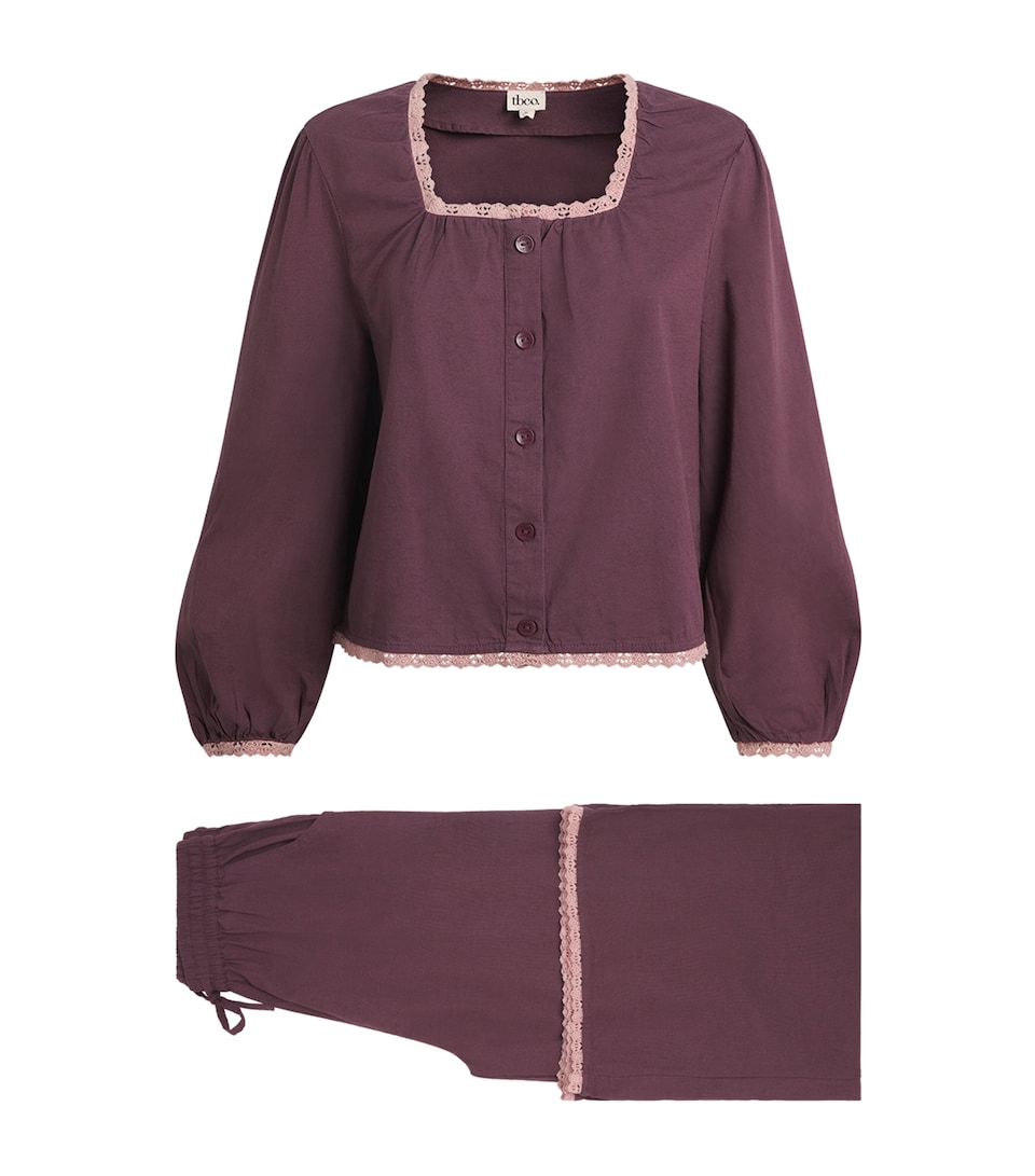 TBCO Womens Cotton-Linen Lace-Trim Pyjama Set Fig Trim