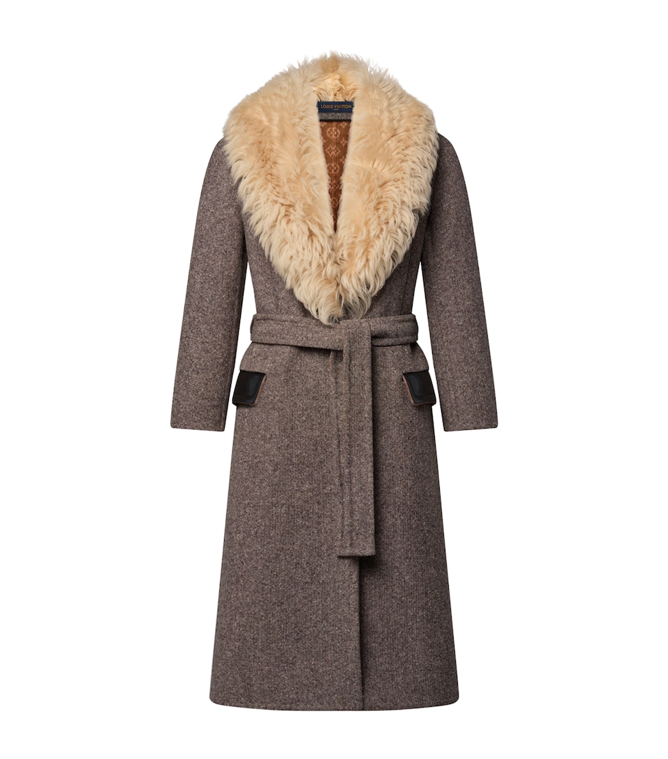 LOUIS VUITTON Womens Shearling-Collar Wrap Coat Marron Chine