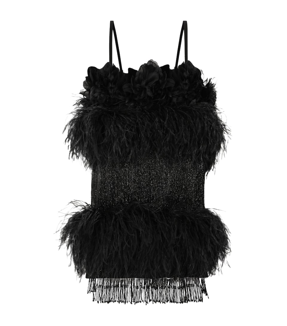 Feather-Trim Beaded Mini Dress