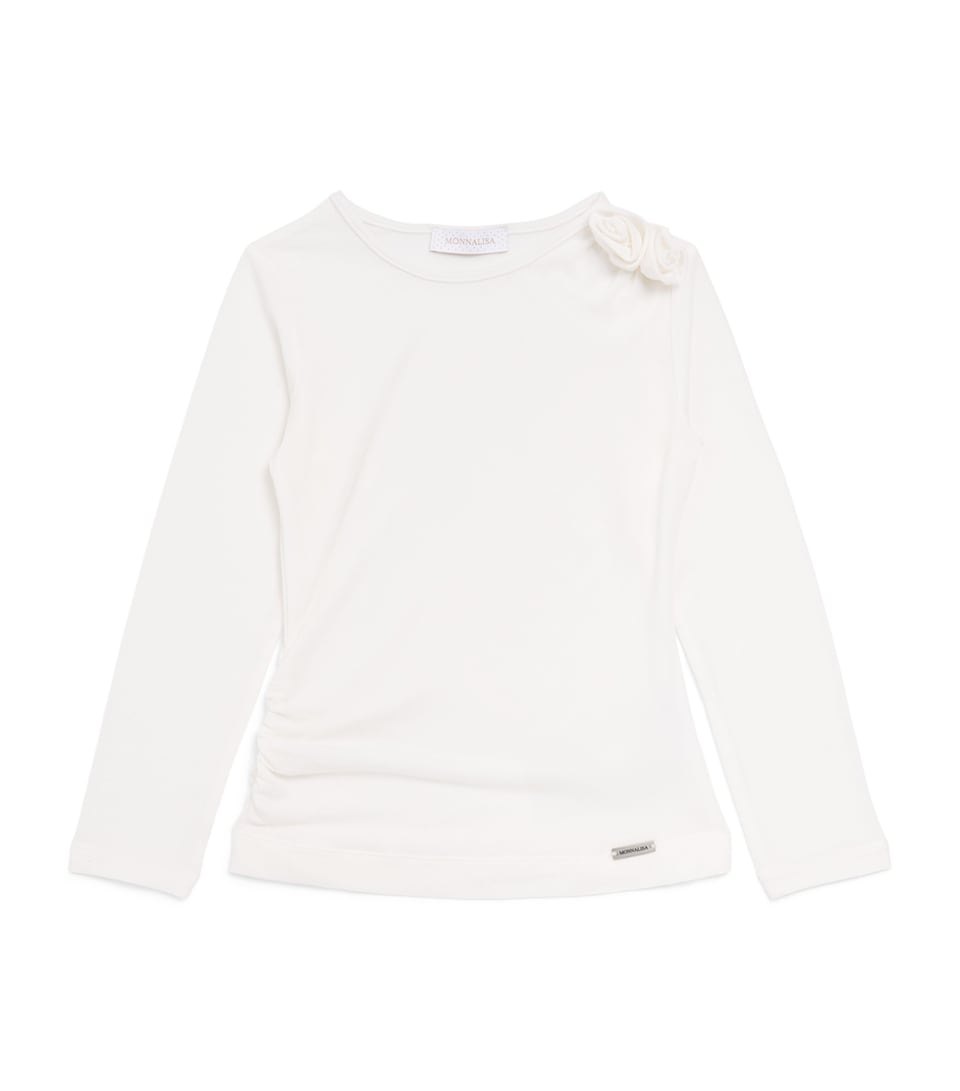 Monnalisa Draped Rose Long-Sleeve T-Shirt Panna
