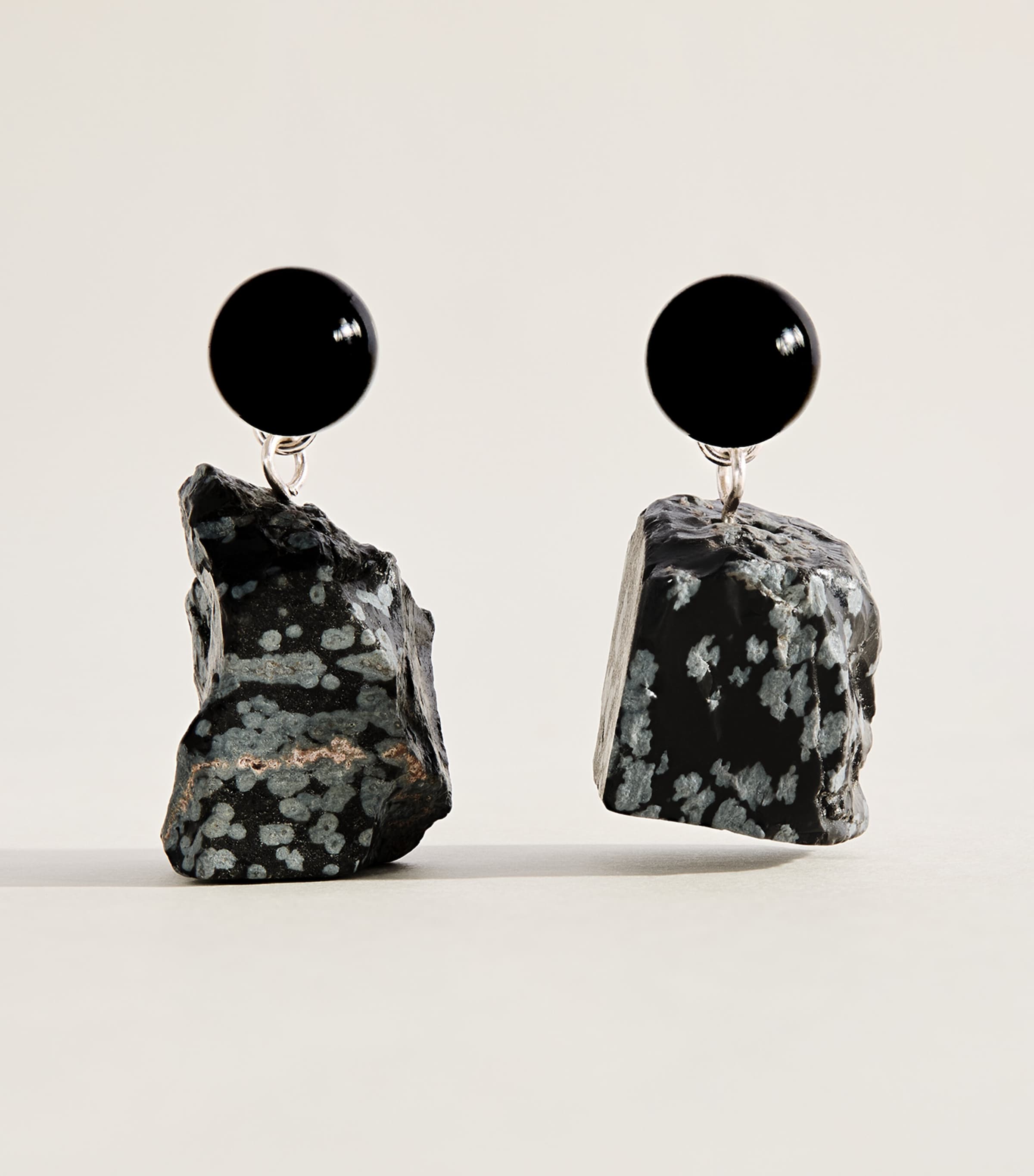 Completedworks Onyx and Snowflake Obsidian Drop Earrings Silver Plated