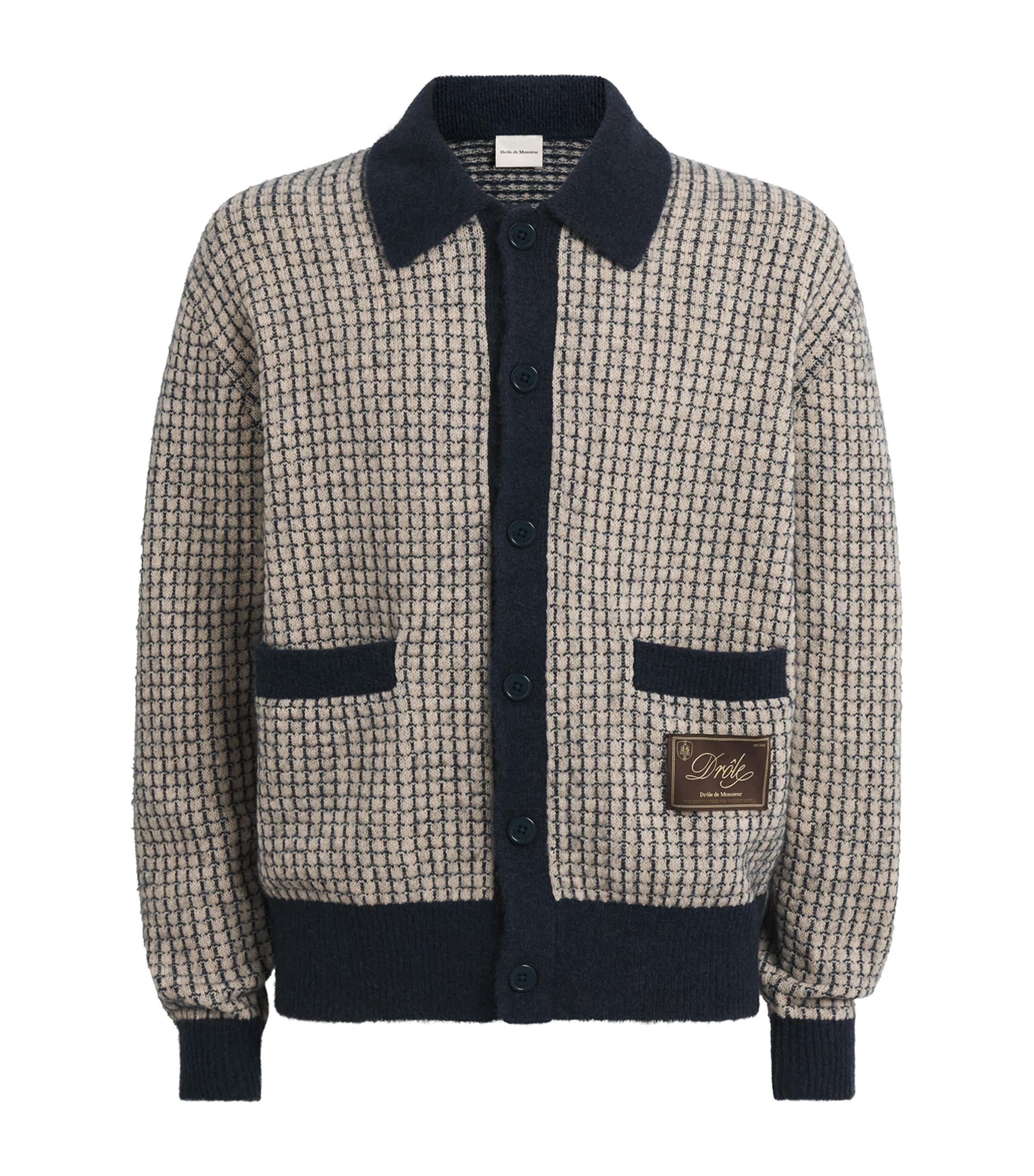 Drôle de Monsieur Mens Wool-Blend Waffle-Knit Cardigan Navy