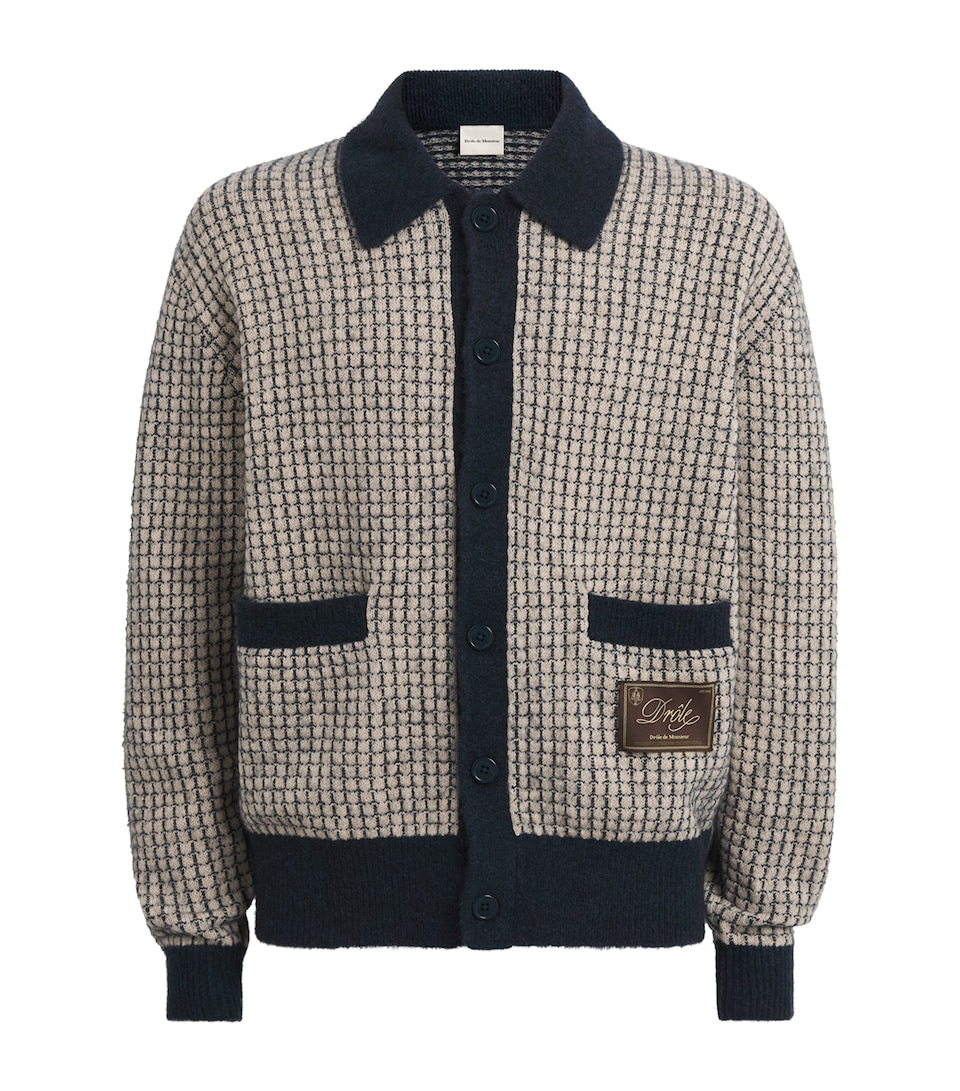 Drôle de Monsieur Mens Wool-Blend Waffle-Knit Cardigan Navy