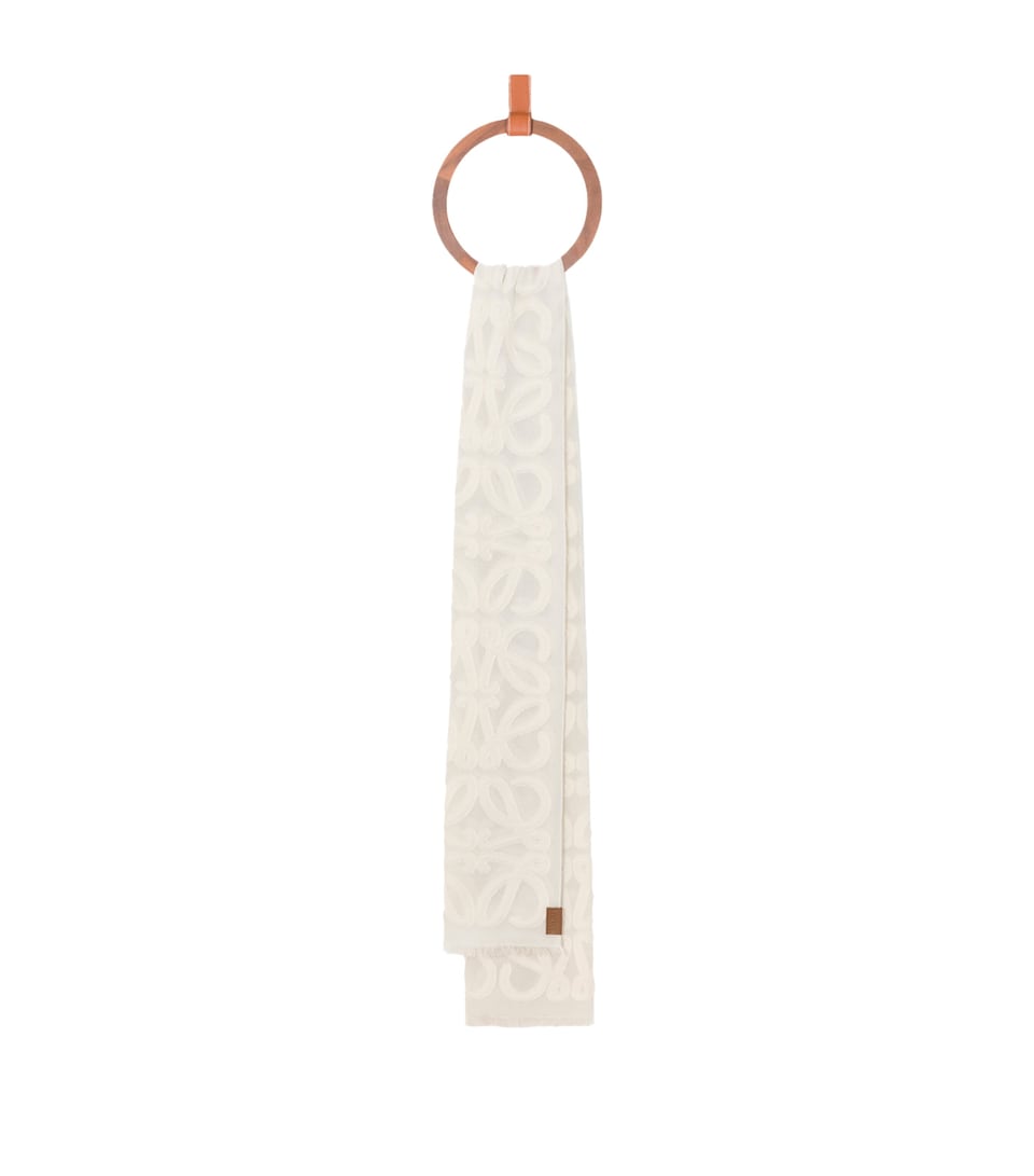 LOEWE Cotton-Wool-Silk Anagram Appliqué Scarf Ecru