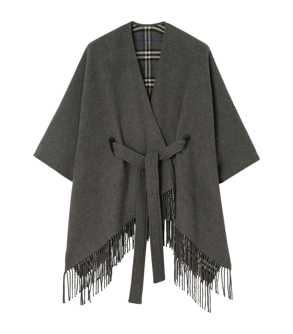 Burberry Wool Fringed Cape Marlborough Grey