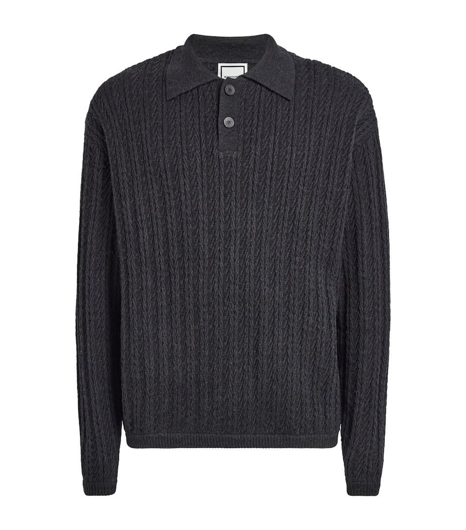 Wooyoungmi Mens Melange Wool Cable-Knit Polo Sweater Grey
