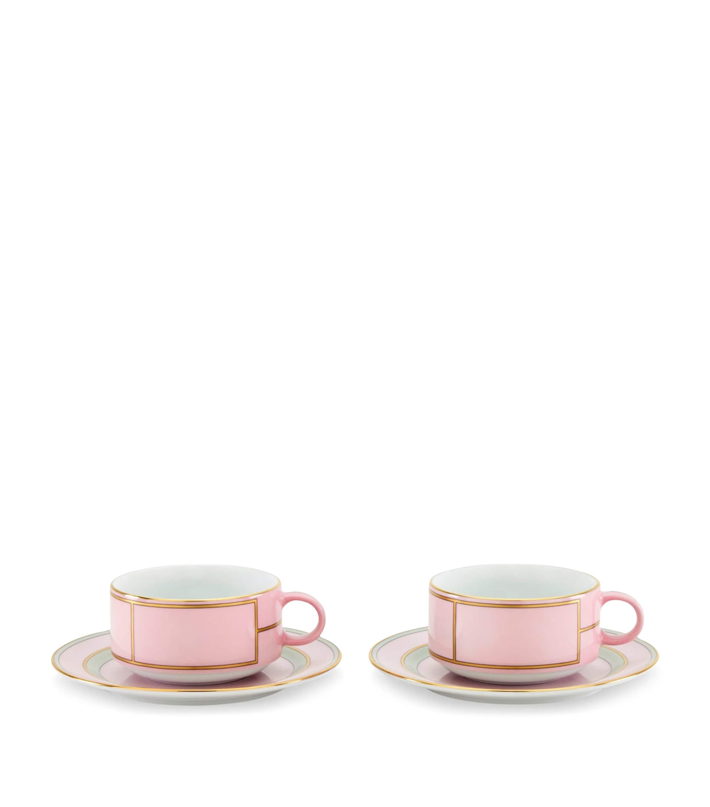 Set of 2 Porcelain Colonna Diva Rosa Teacups and Saucers
