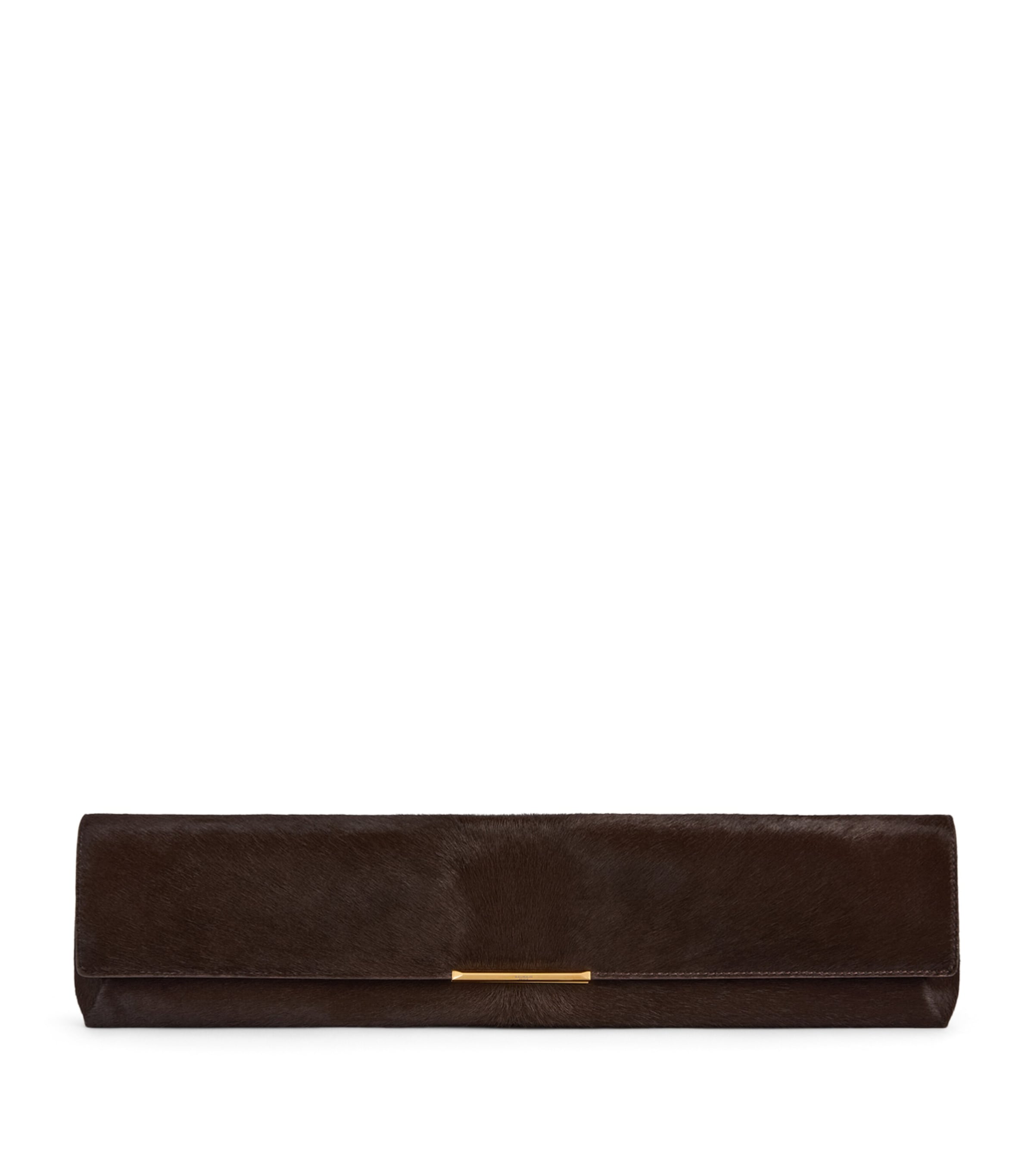 Balmain Long Leather Pony-Effect Clutch Bag Marron Fonce