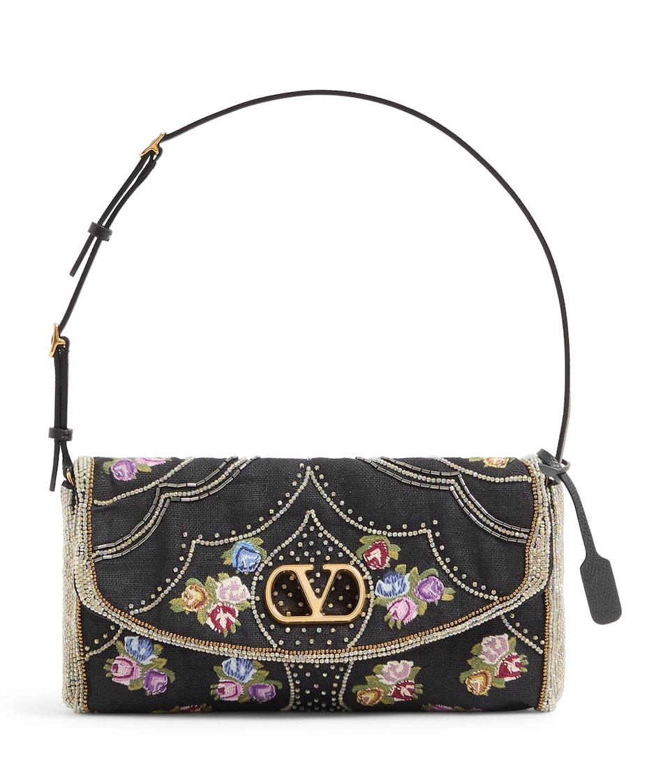 Valentino Garavani Small Linen Beaded DeVain Shoulder Bag