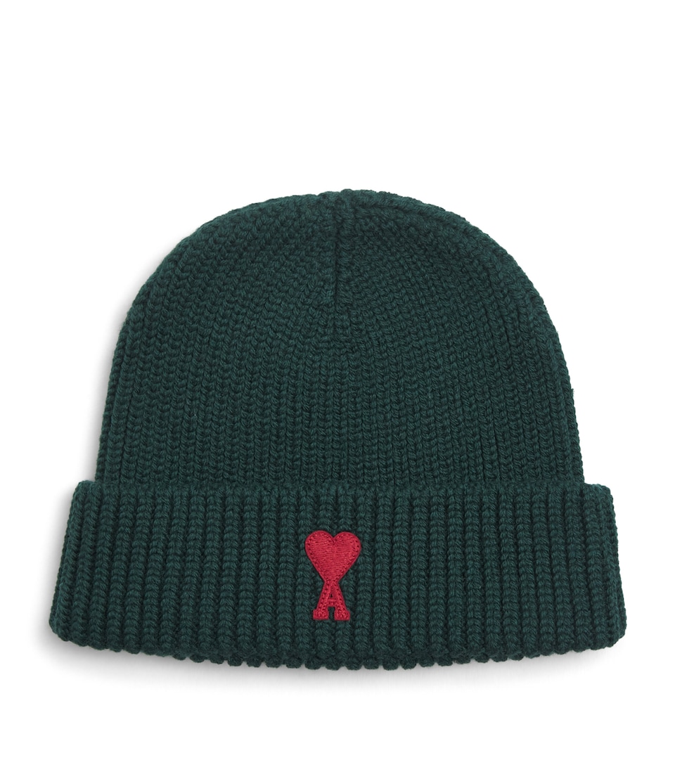 AMI Paris Ami de Coeur Beanie : Vert Bouteille/rouge