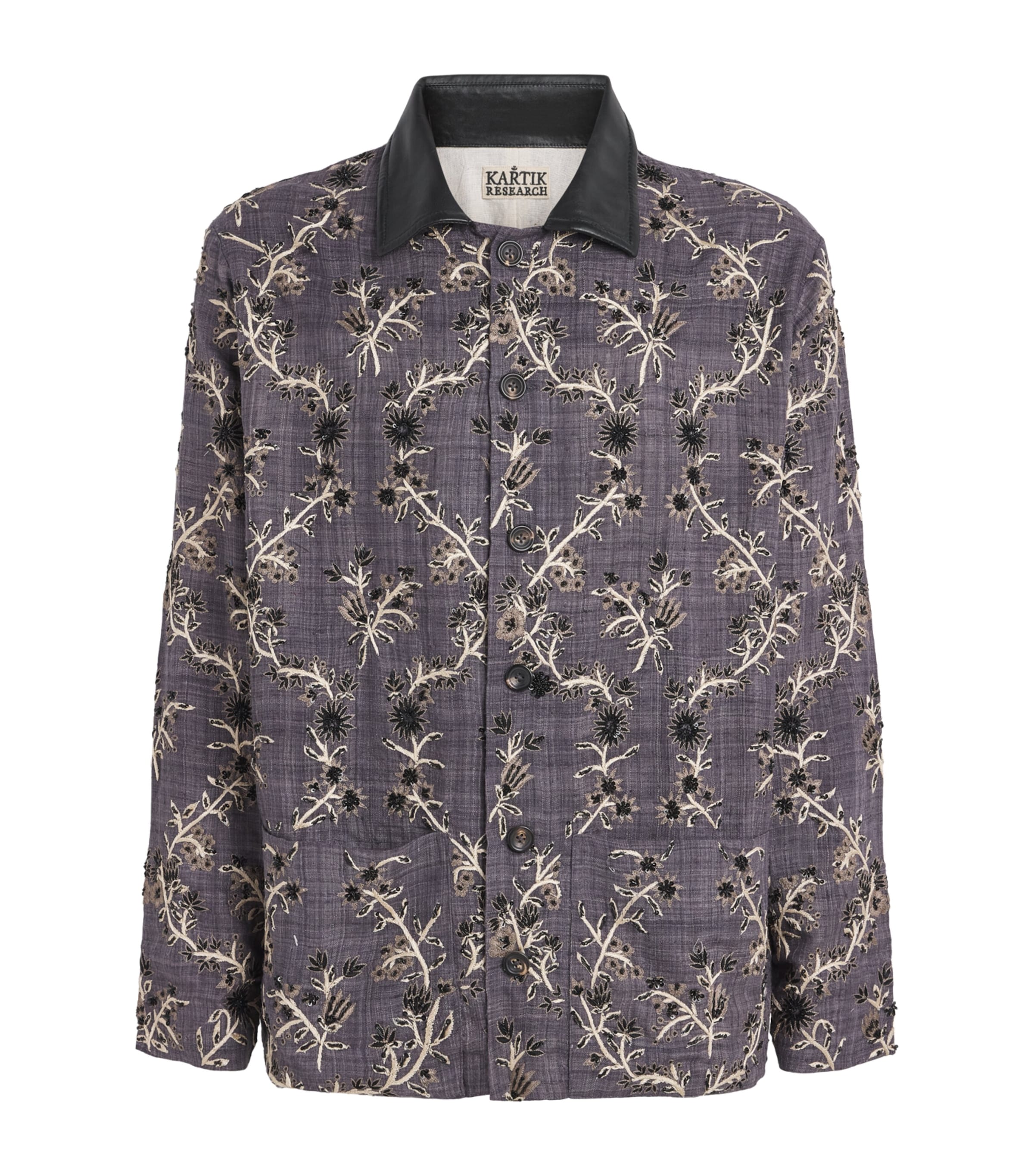 Kartik Research Mens Silk Embellished Chintz Jacket Black/ Ecru/ Grey