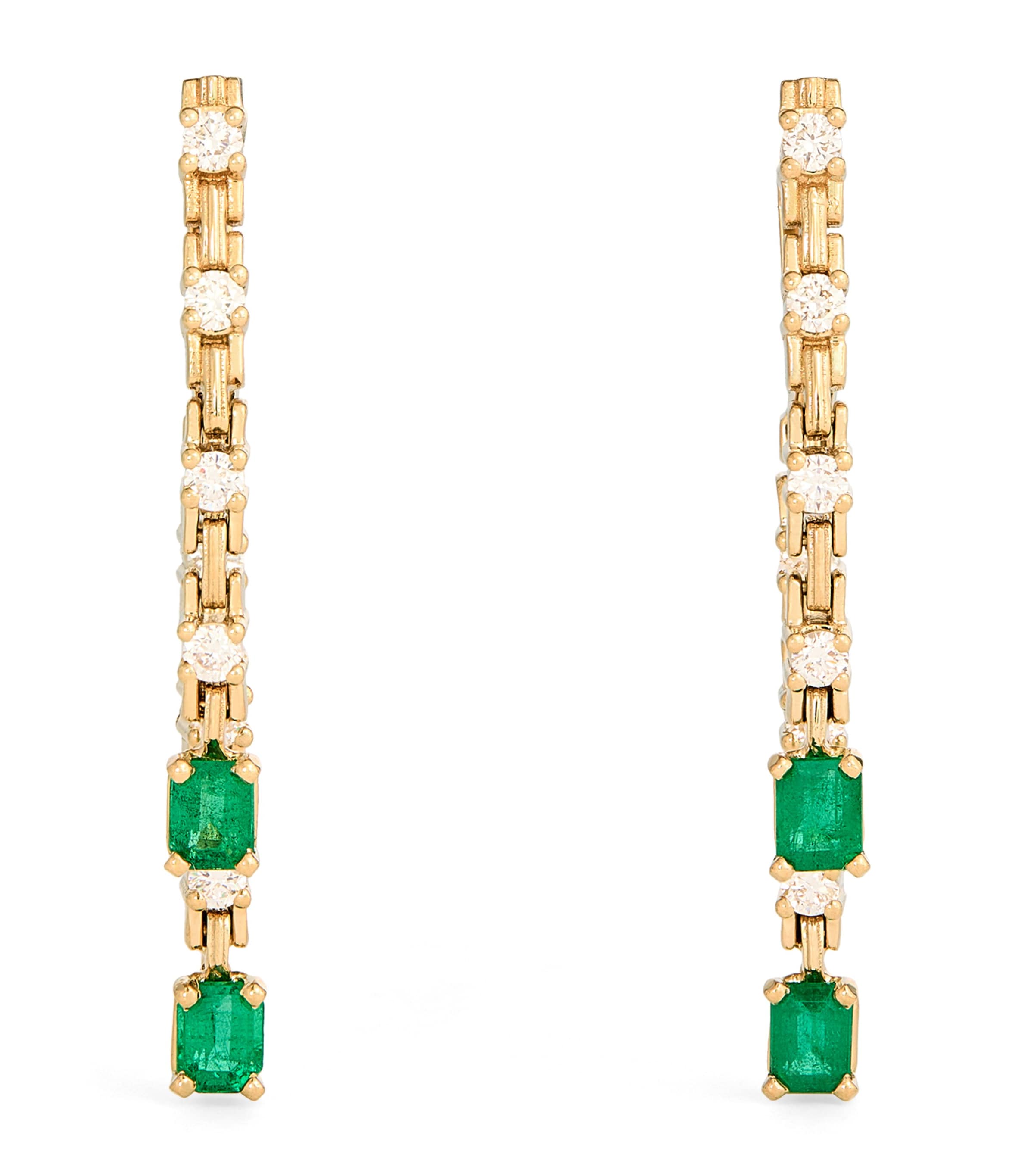 Small Yellow Gold, Diamond and Emerald Pirouette Strand Earrings