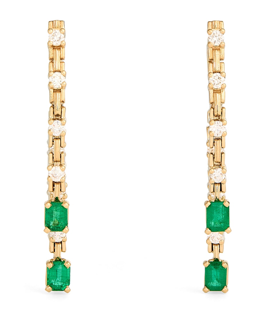 Small Yellow Gold, Diamond and Emerald Pirouette Strand Earrings