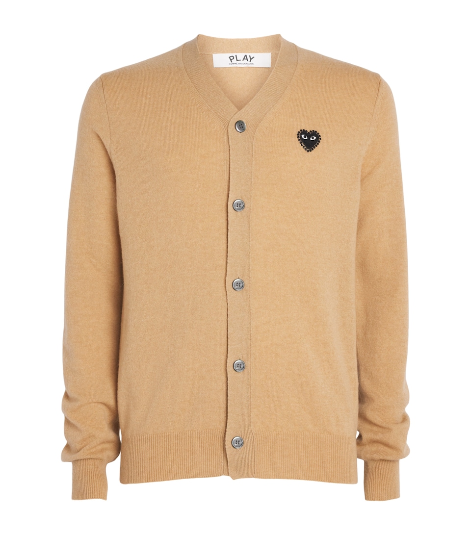 Comme Des Garçons Mens Wool Rhinestone Heart Logo Cardigan Beige