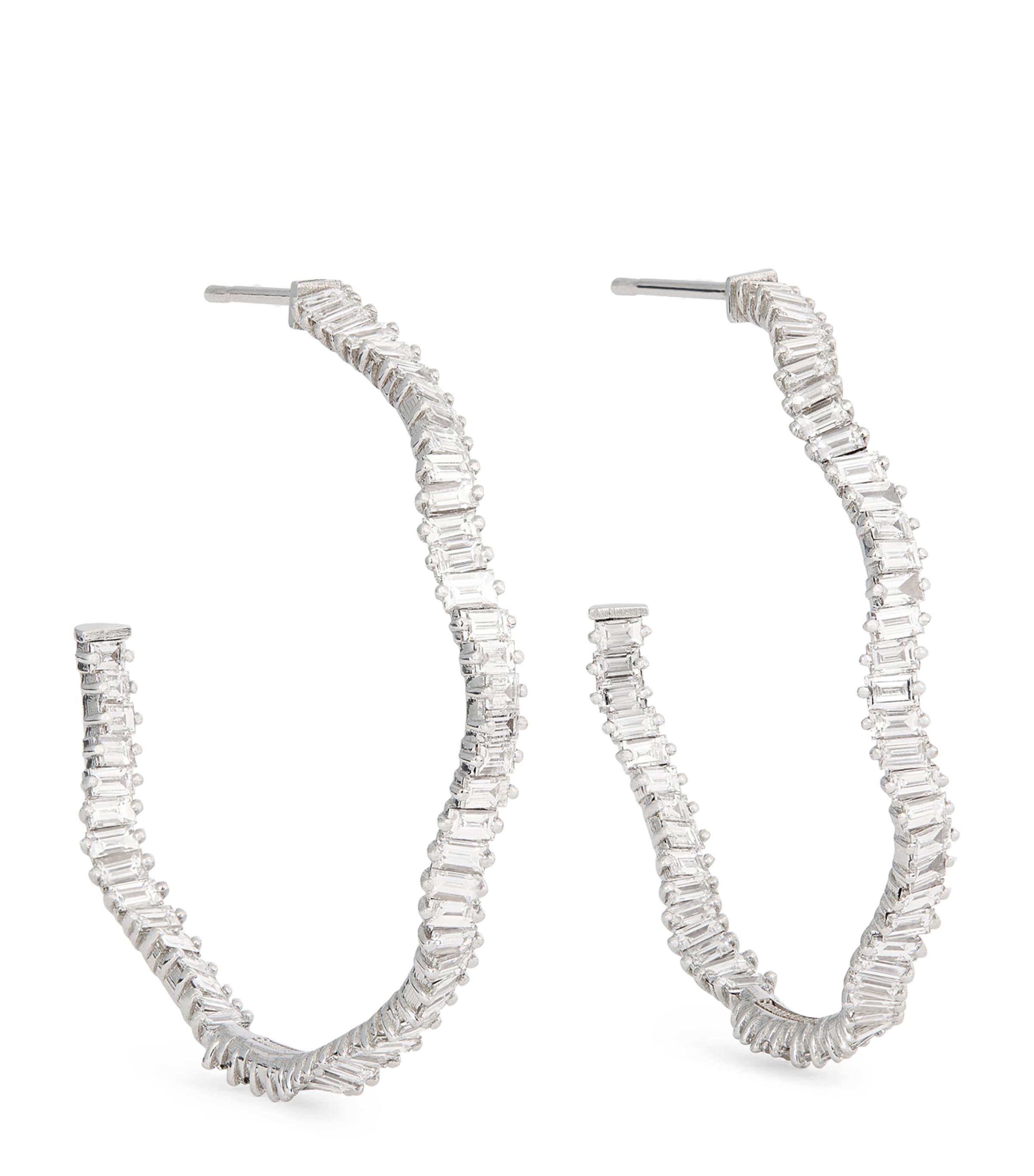White Gold and Diamond Classic Fireworks Wave Hoop Earrings