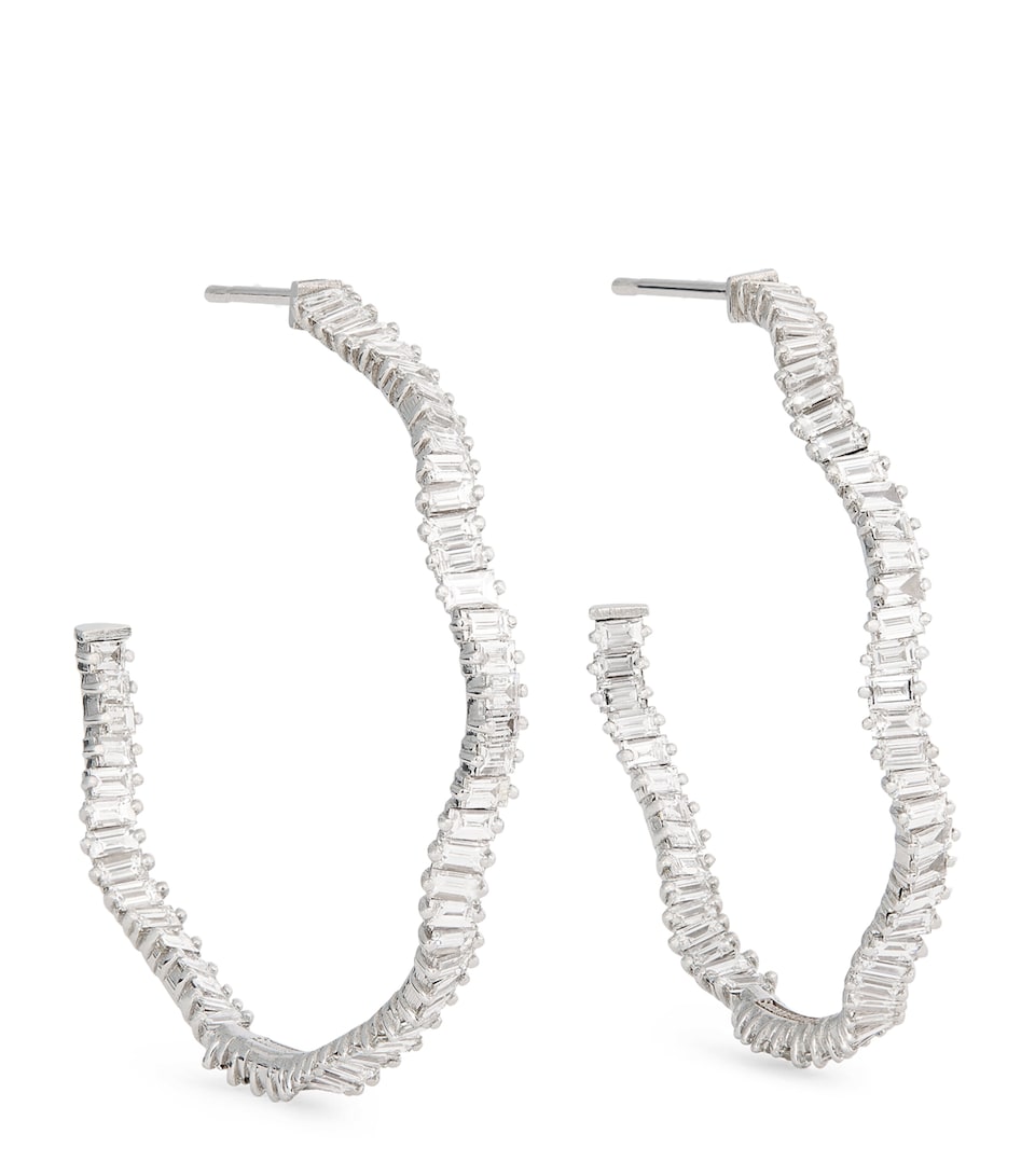 White Gold and Diamond Classic Fireworks Wave Hoop Earrings