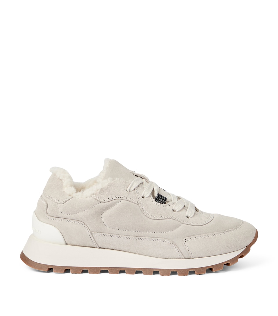 Suede Shearling-Trim Sneakers