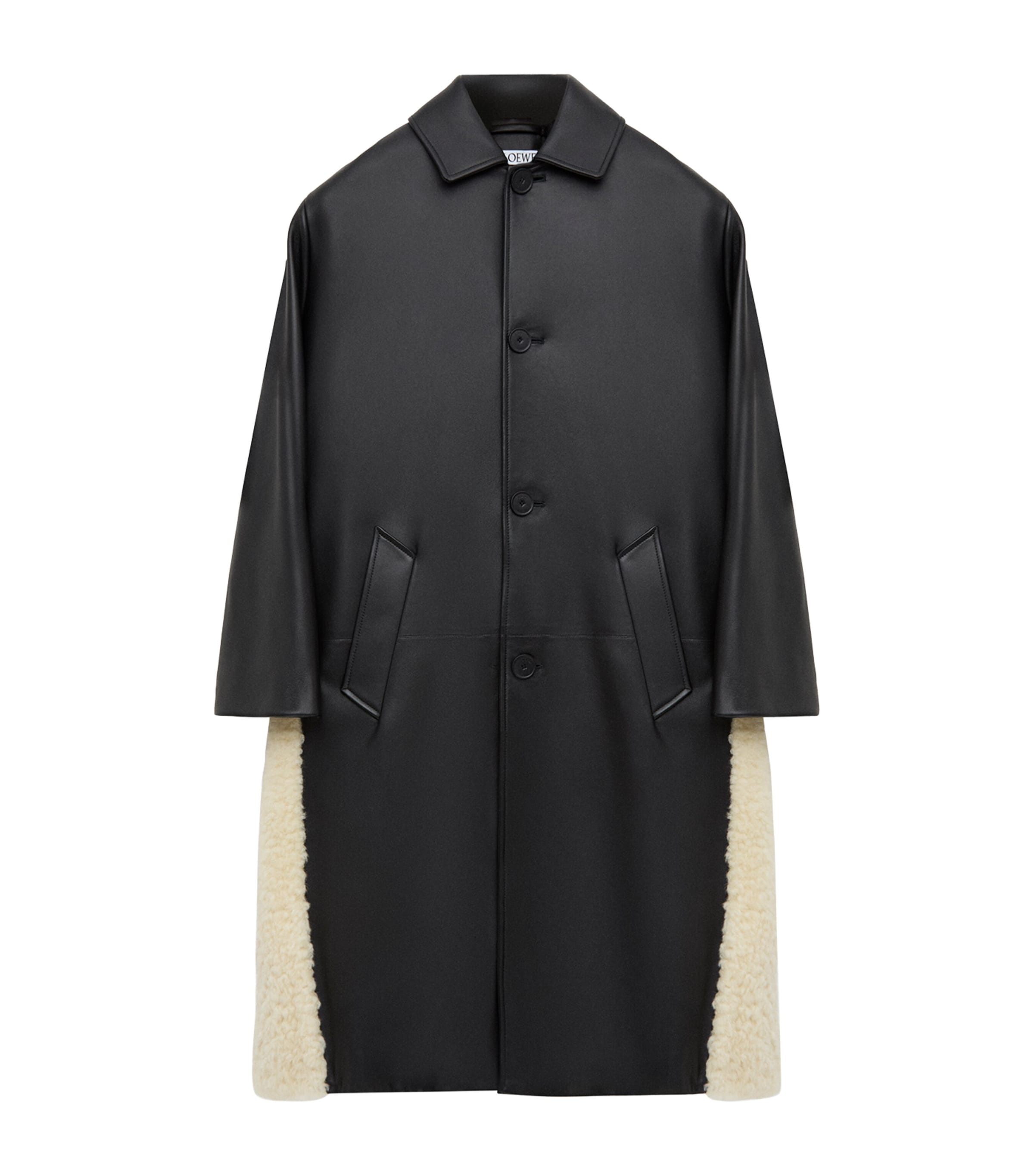 LOEWE Womens Nappa Lambskin Shearling-Trim Coat Black