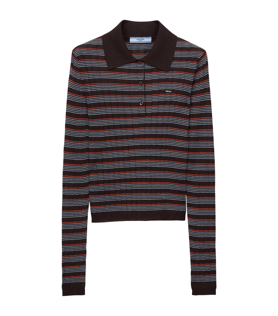 Prada Womens Cashmere-Silk Striped Polo Shirt Brown