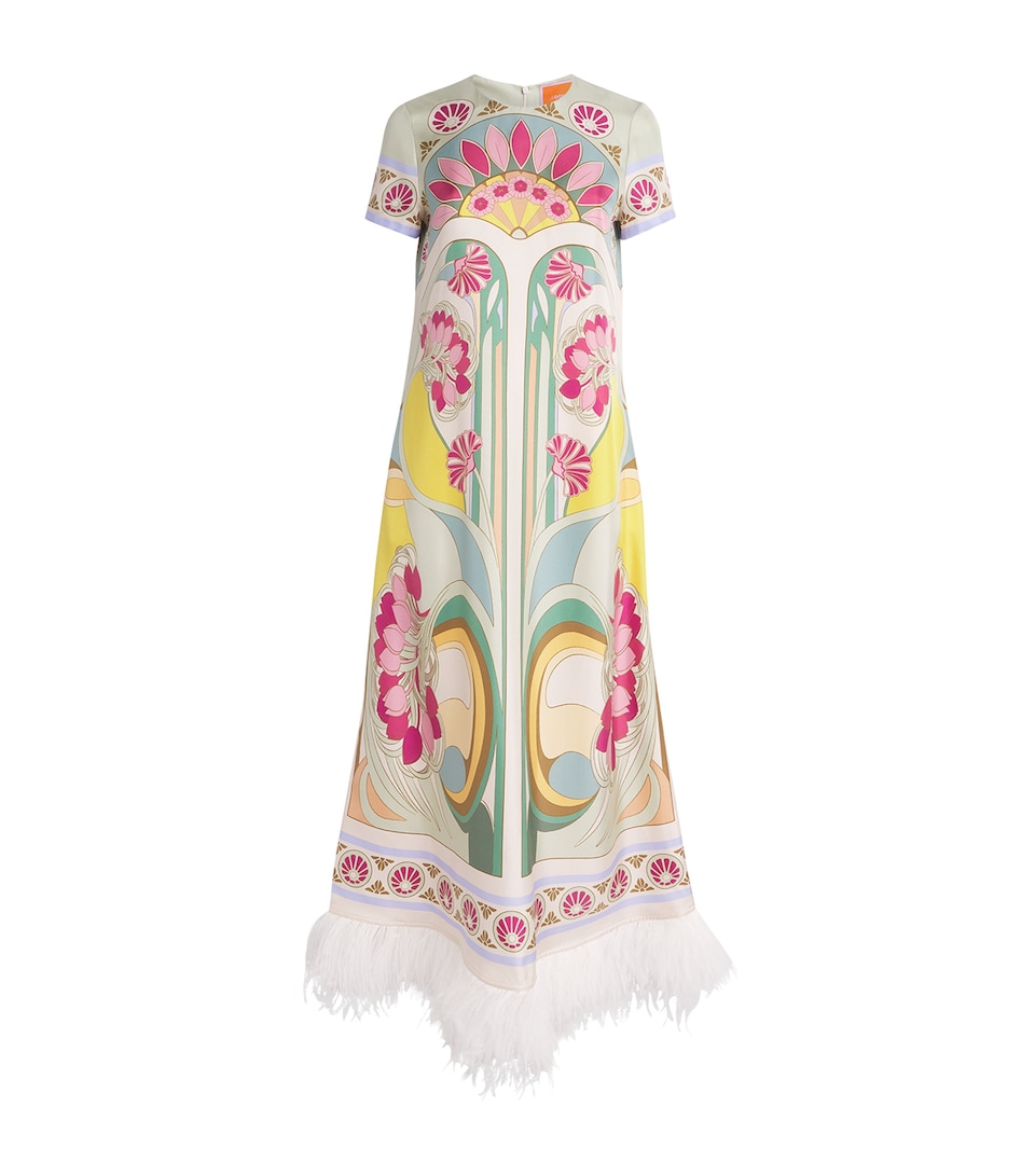 Silk Feather-Trim Swing Midi Dress
