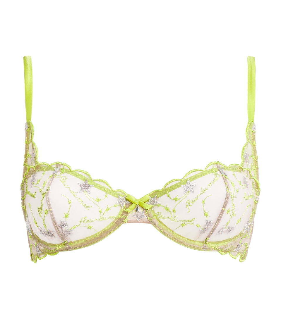 Fleur Du Mal Womens Silk Embroidered Étoile Balconette Bra Neon Yellow
