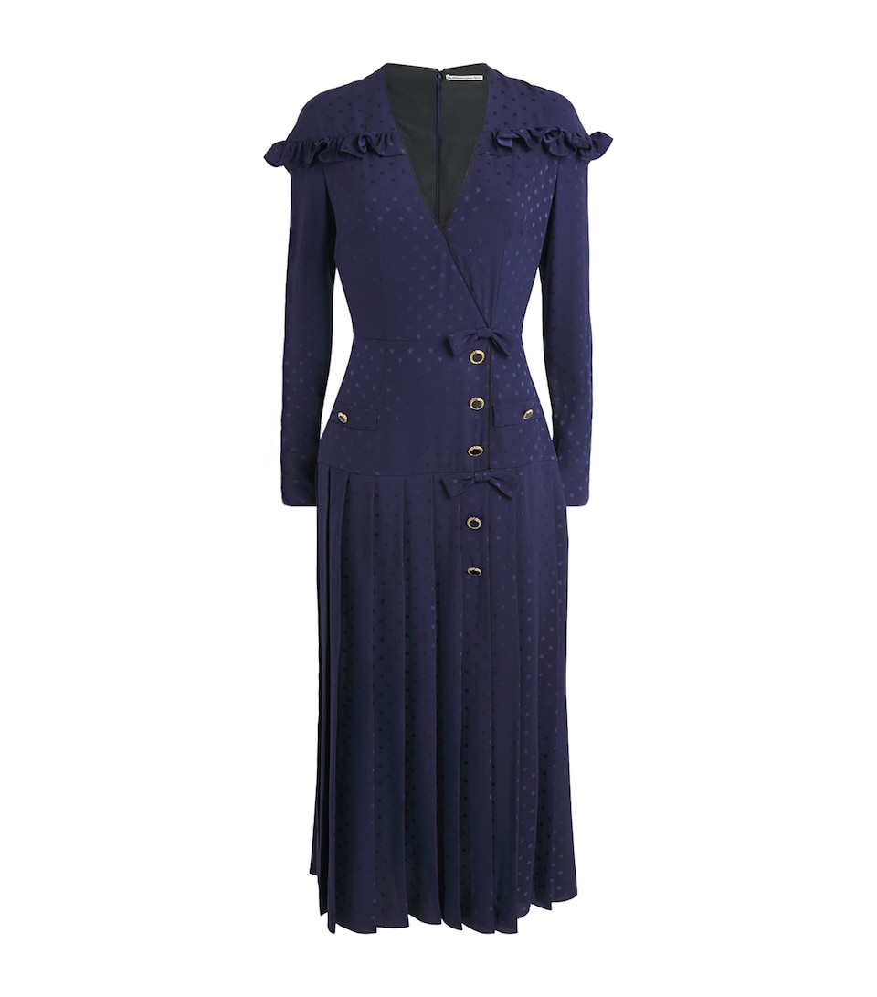 Alessandra Rich Womens Silk Pleated Midi Dress Navy Blue