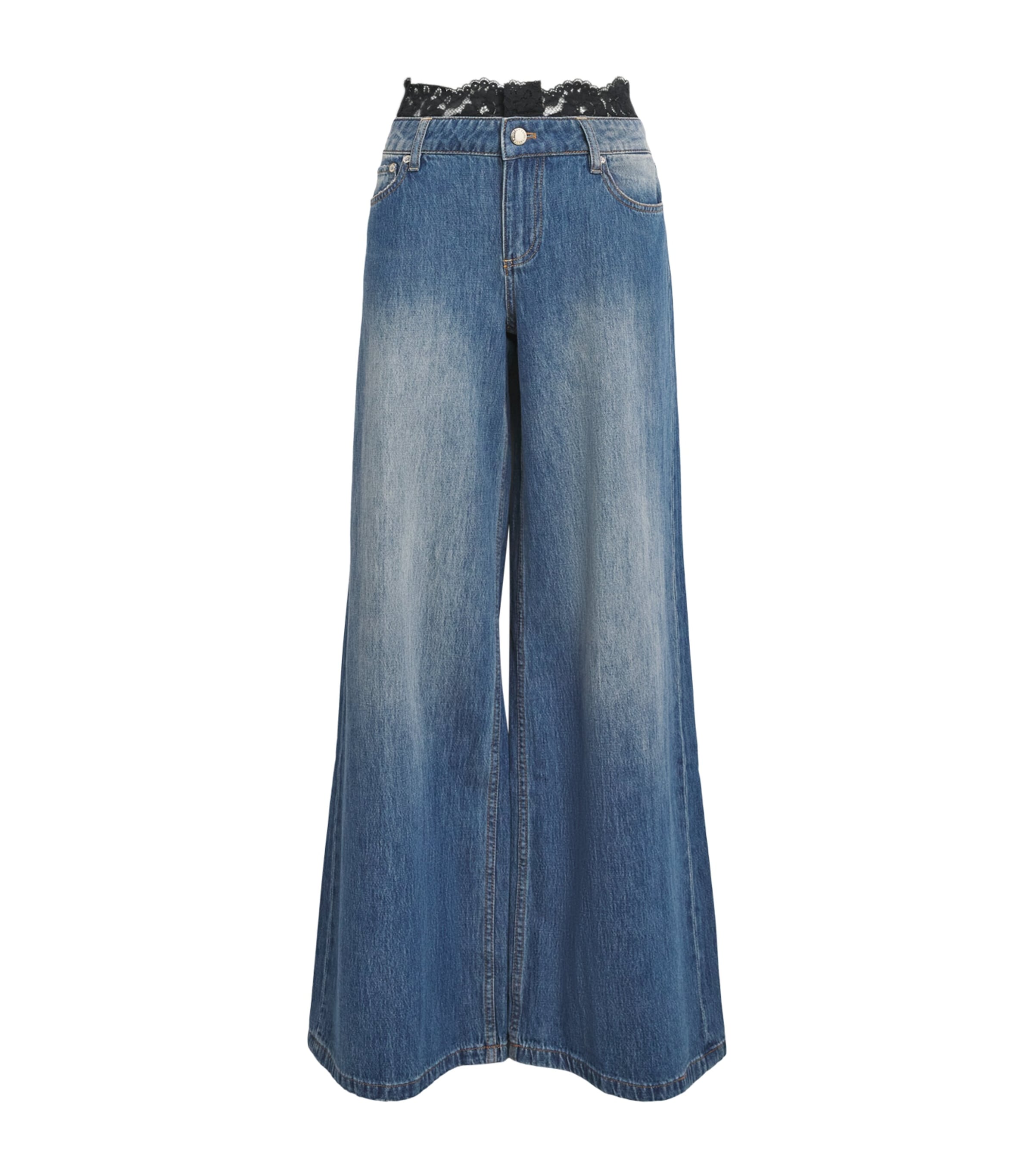 Alice+Olivia Womens Lace-Trim Ian Mid-Rise Wide-Leg Jeans Brooklyn Blue