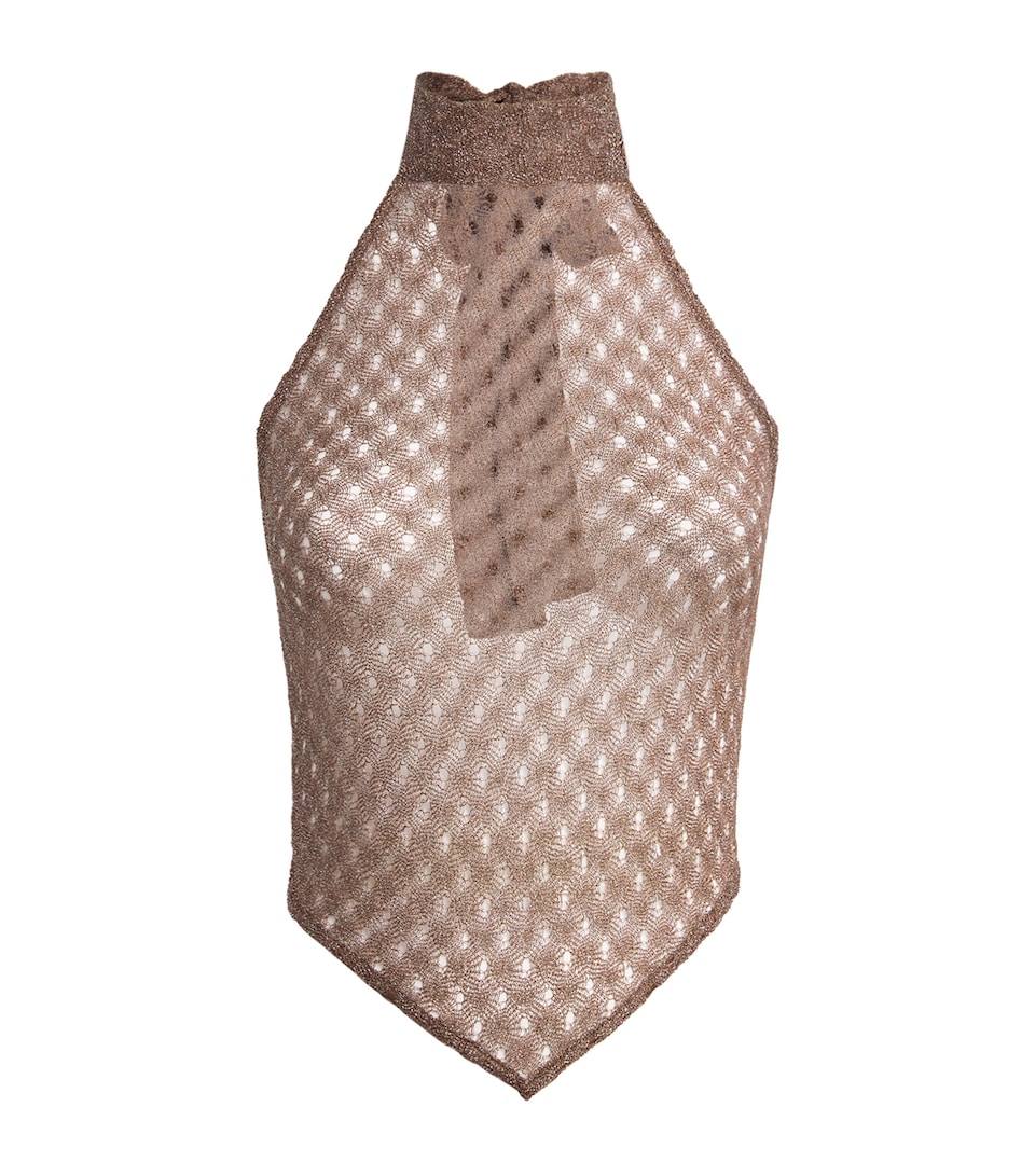 Lamé Open-Knit Halterneck Crop Top