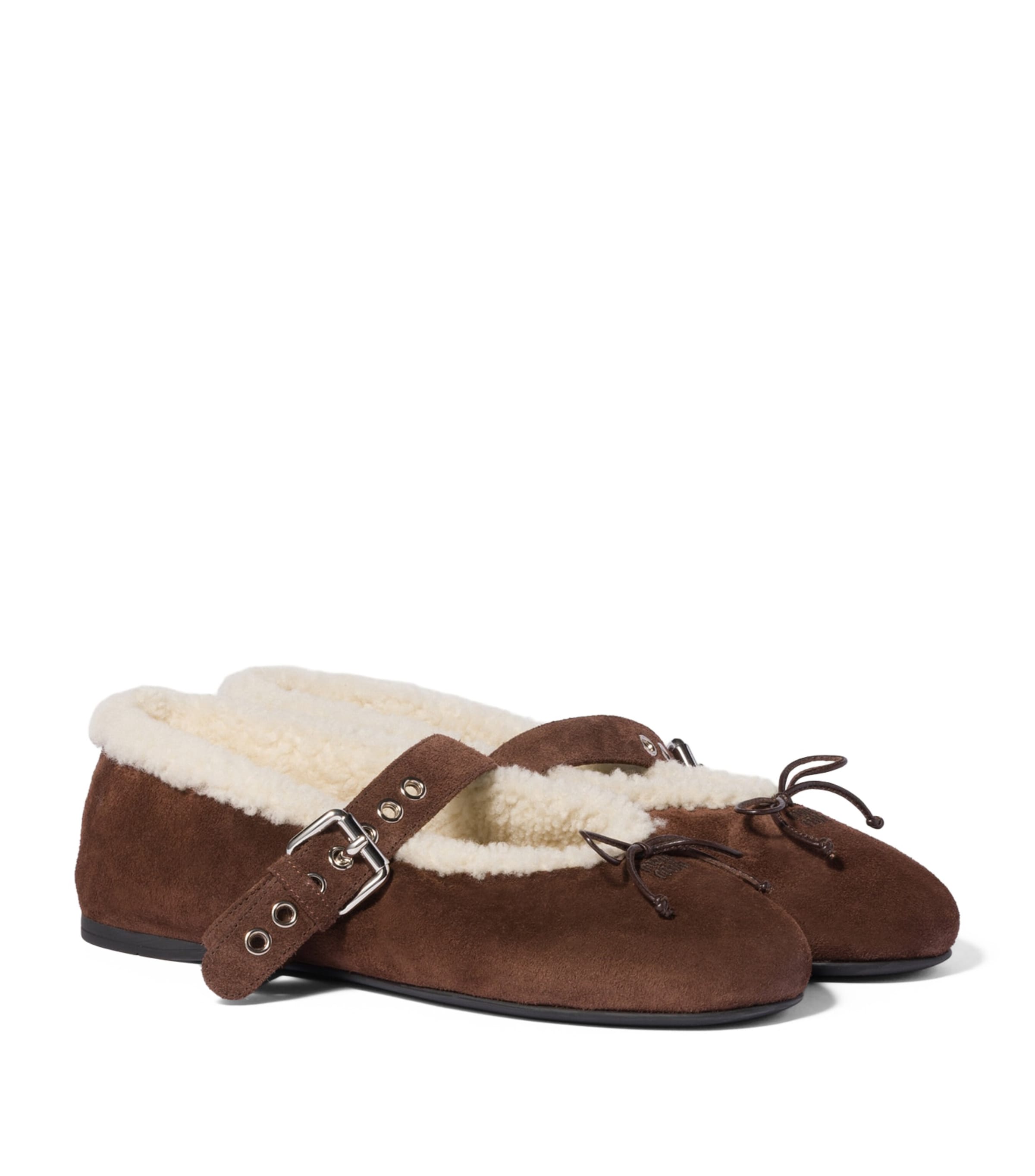 Miu Miu Suede Shearling Ballet Flats Brown