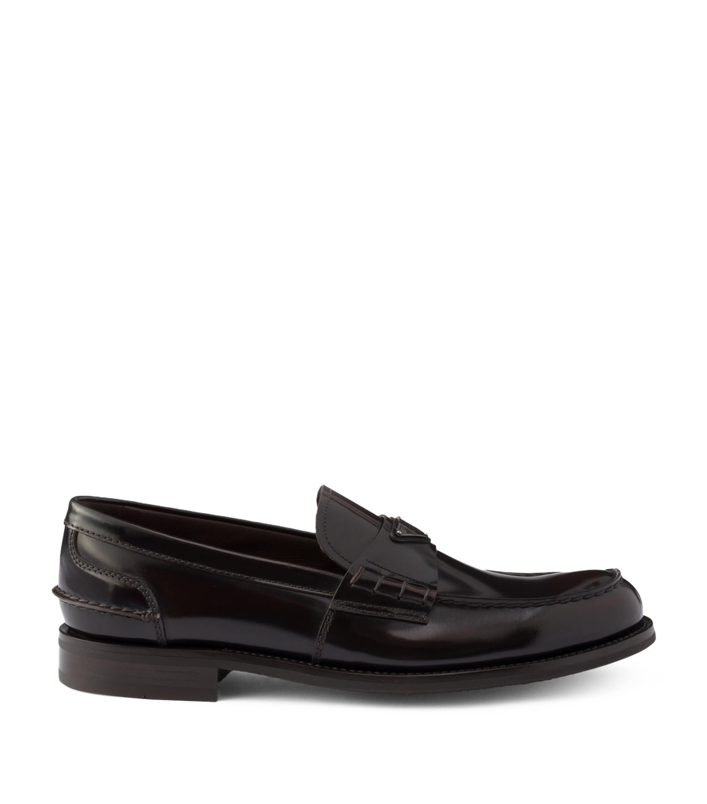 Prada Brushed Leather Triangle Loafers Brown