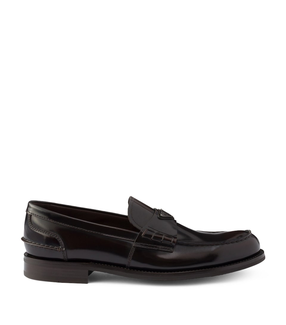 Prada Brushed Leather Triangle Loafers Brown