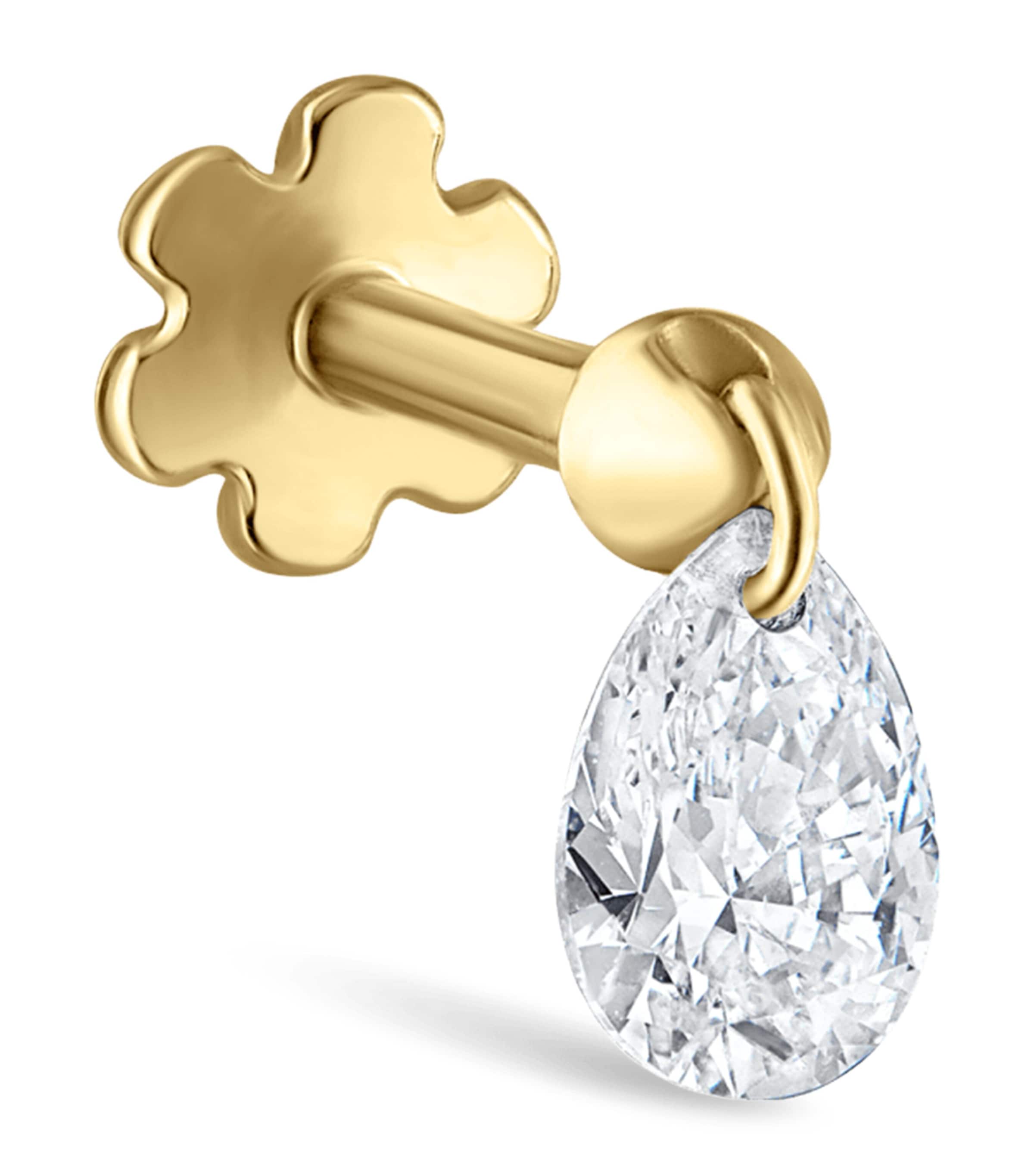 Yellow Gold Floating Pear Diamond Charm Threaded Stud Earring (4mm)