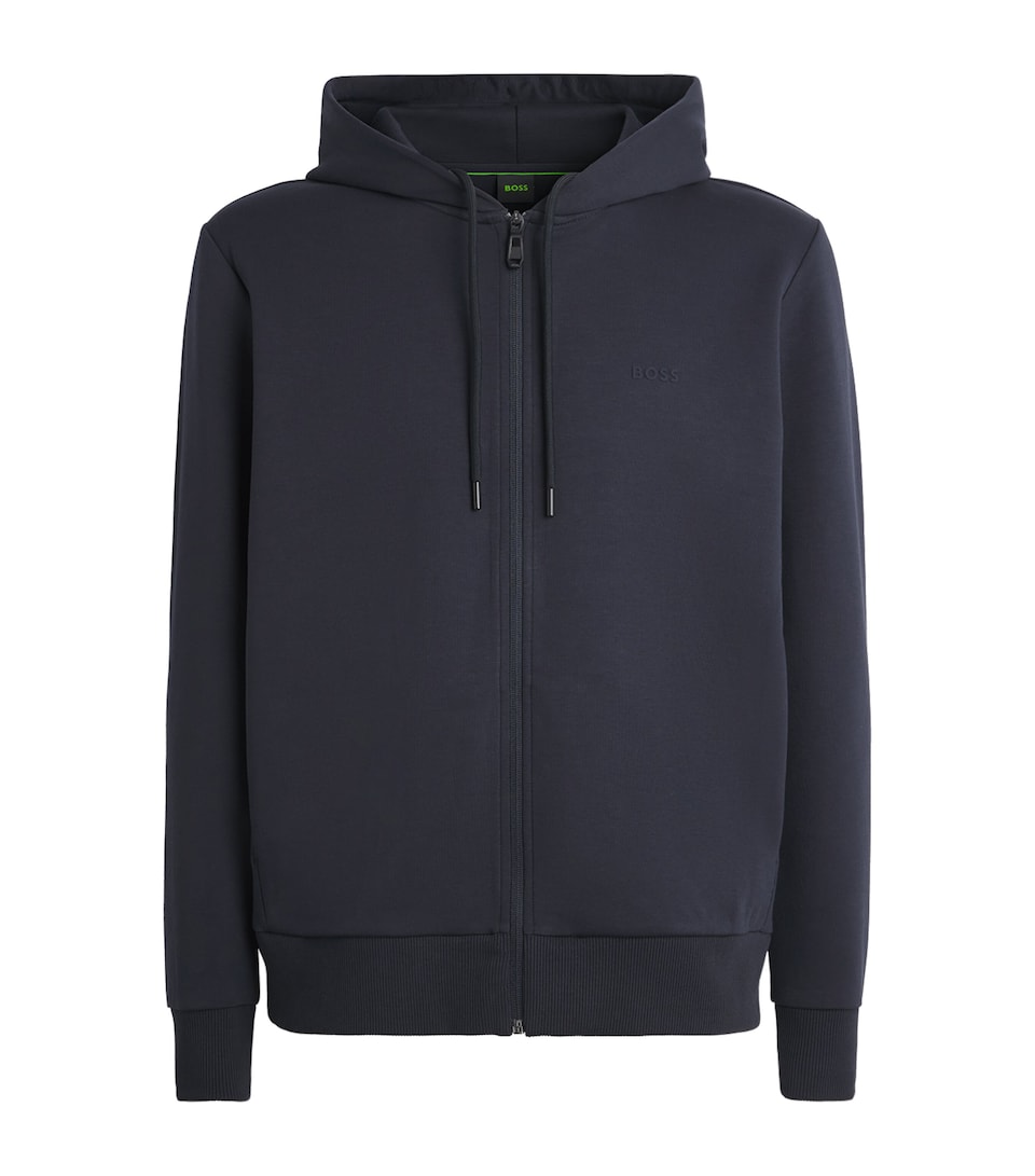 BOSS Mens Stretch-Cotton Logo Hoodie Dark Blue