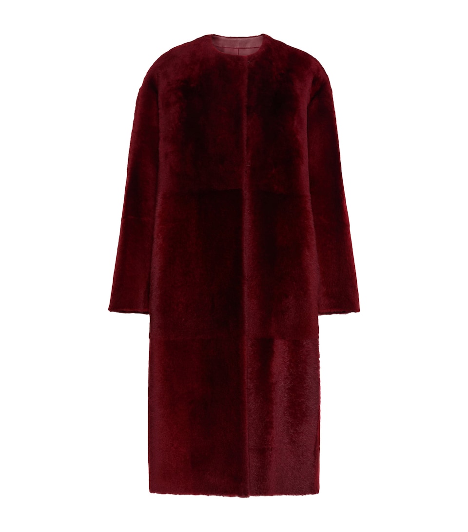 Max Mara Womens Shearling Collarless Coat Bordeaux