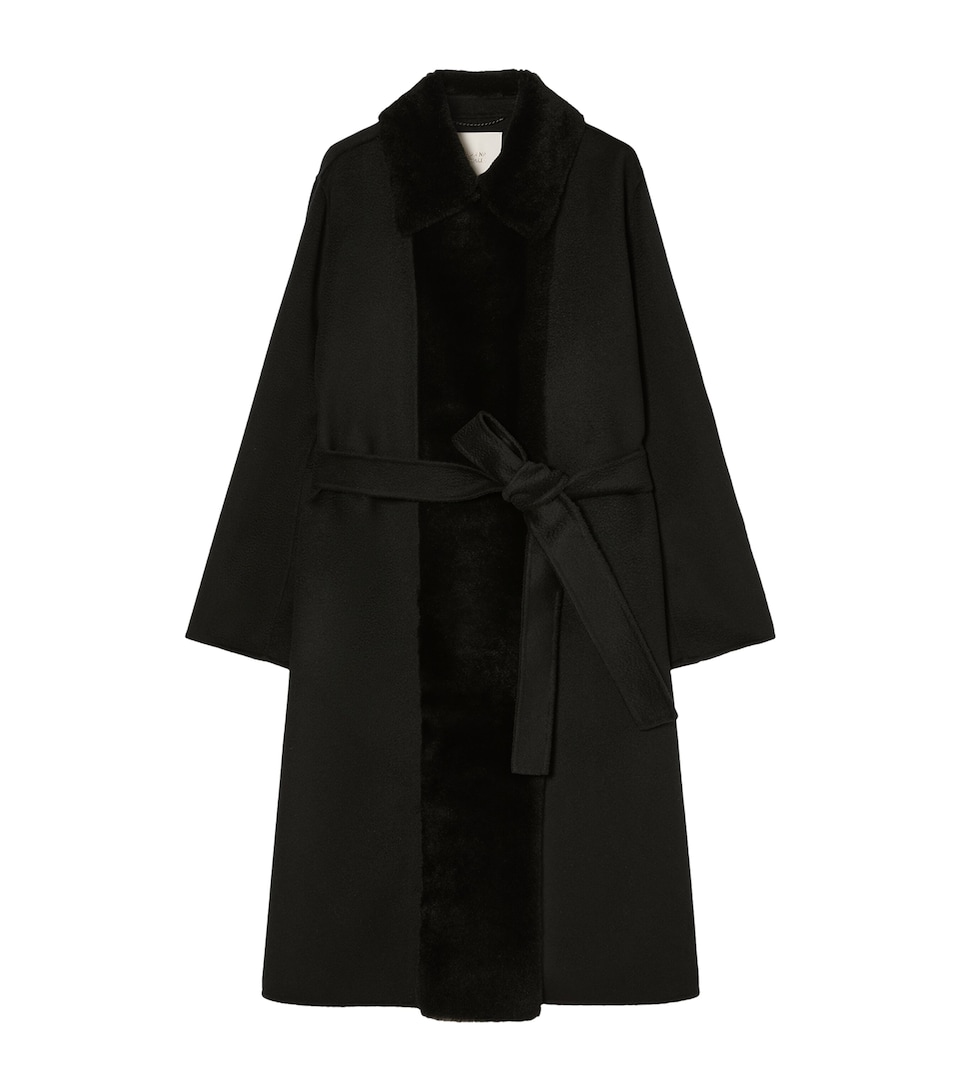 Marina Rinaldi Womens Wool Lamb-Fur Wrap Coat Black