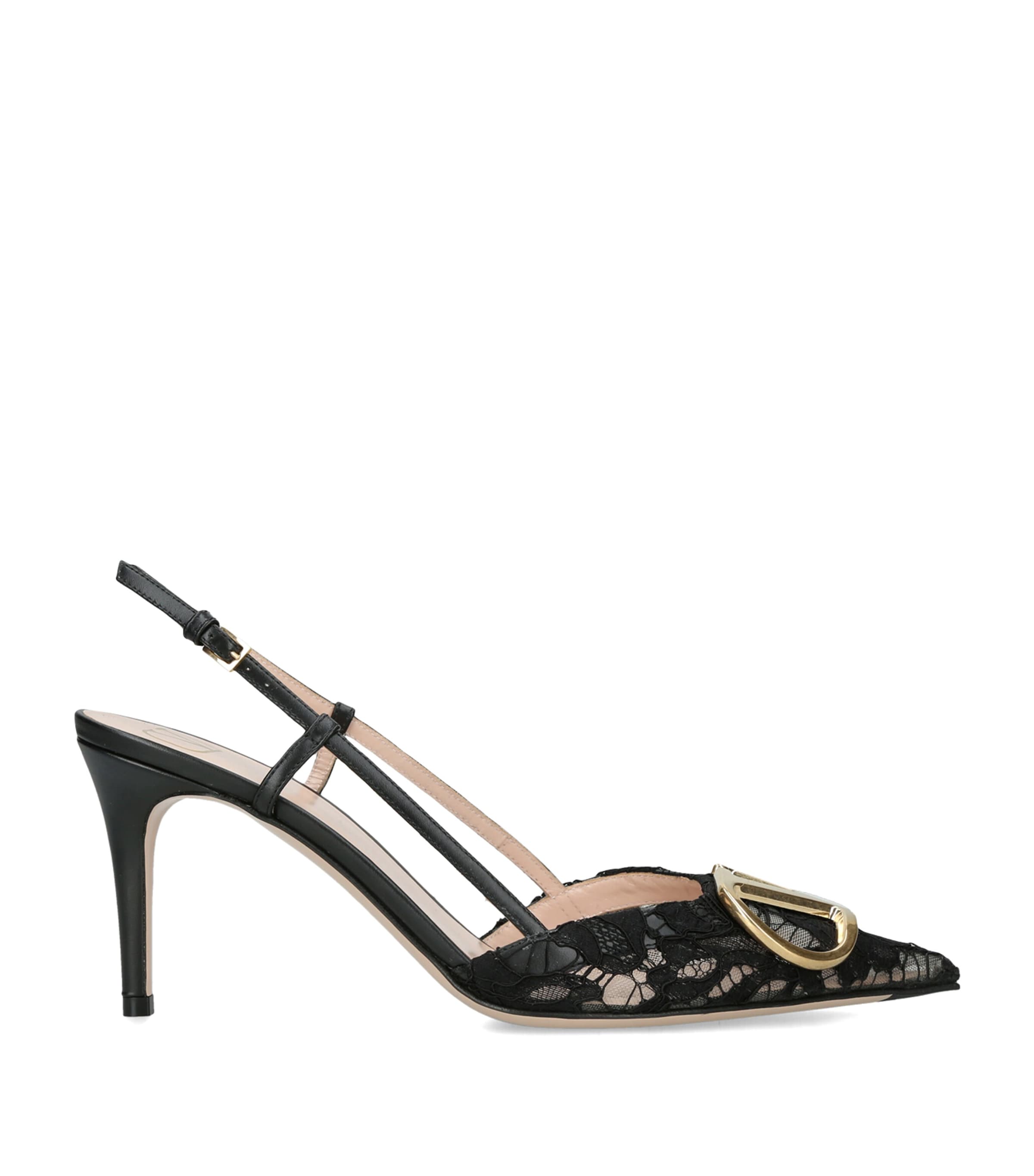 Valentino Garavani Leather Lace VLogo Slingback Pumps 80 Black